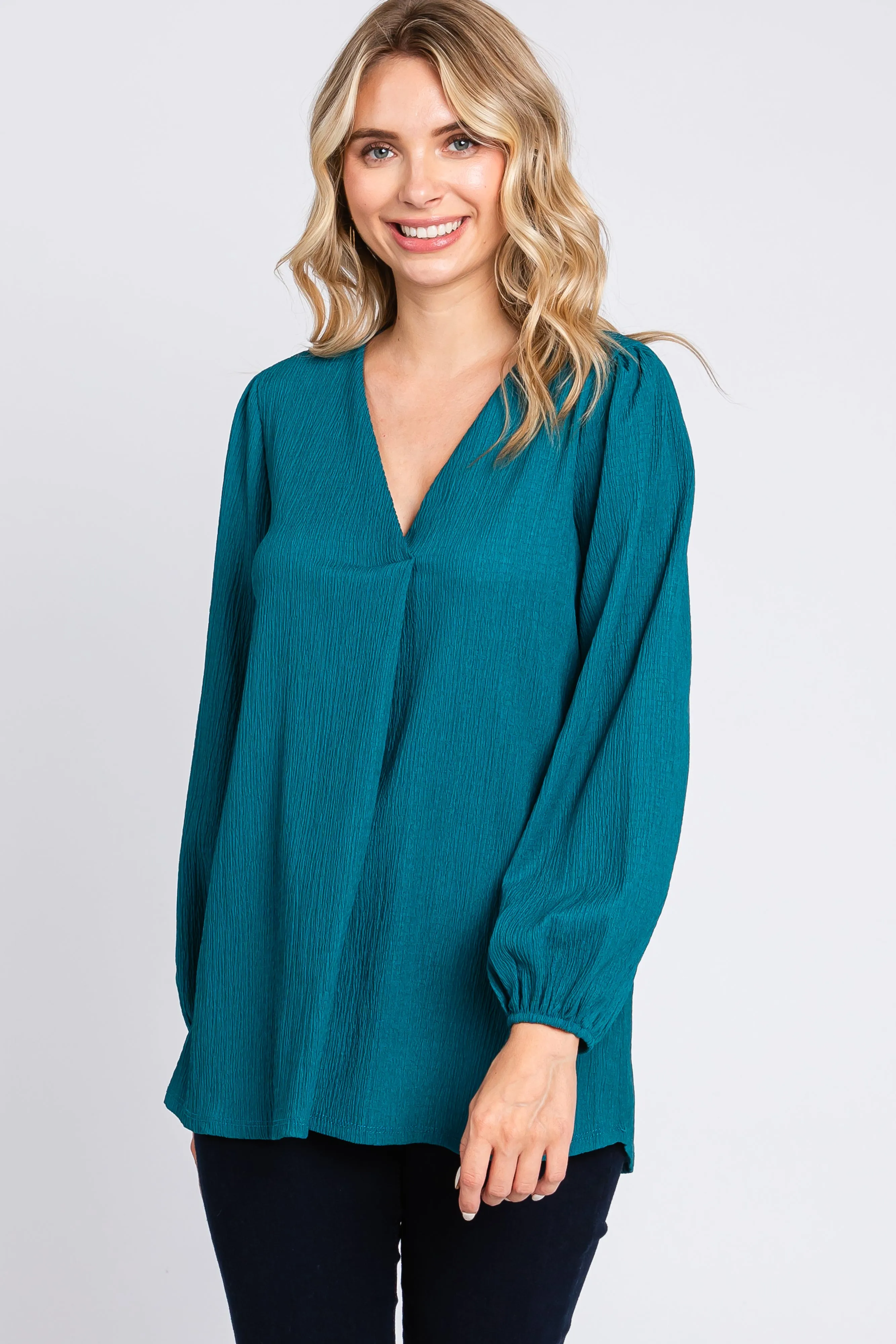 Teal Textured Long Sleeve Blouse sold by Pinkblush