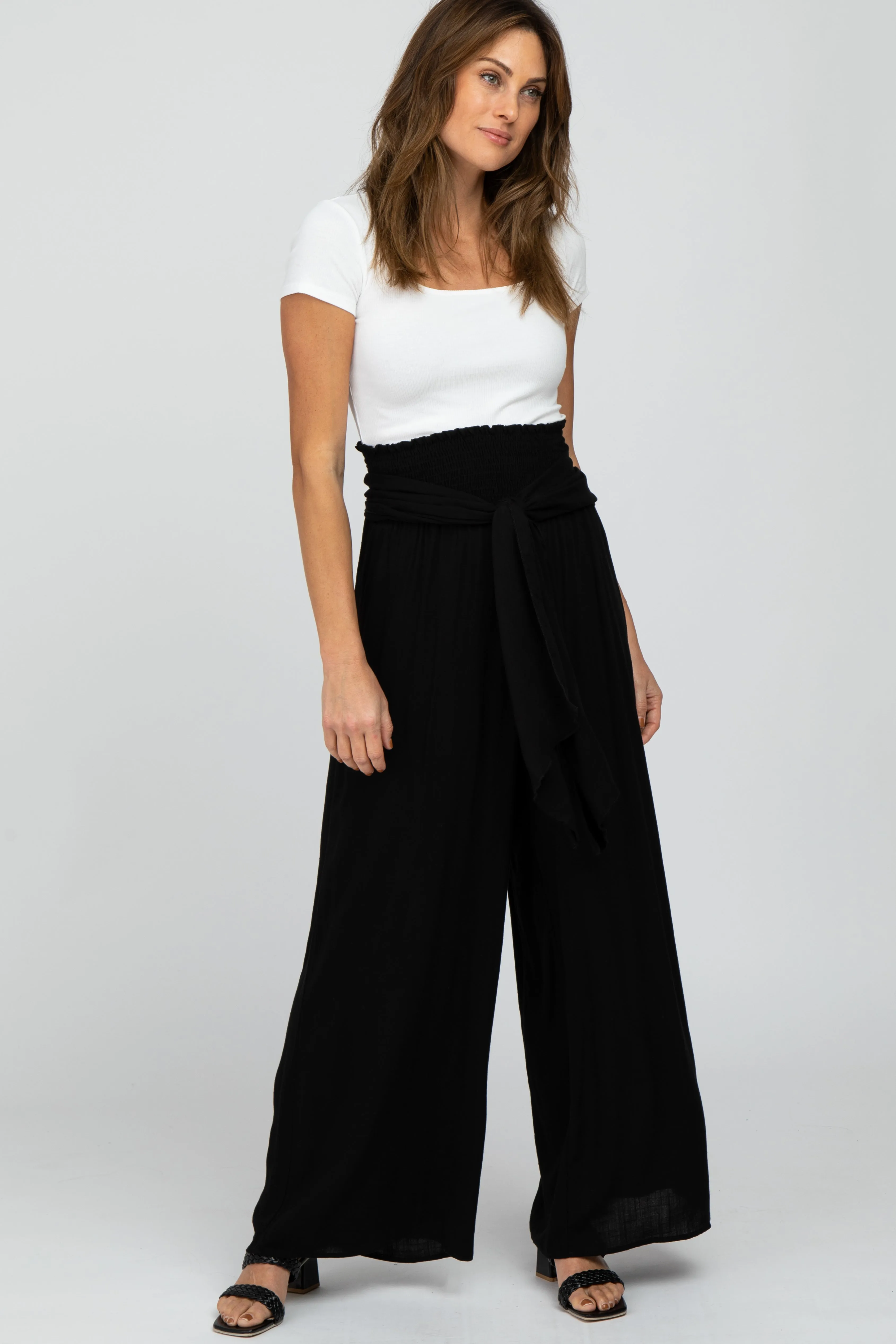 Black High Waist Tie Front Wide Maternity Pants sold by Pinkblush product image thumbnail 5