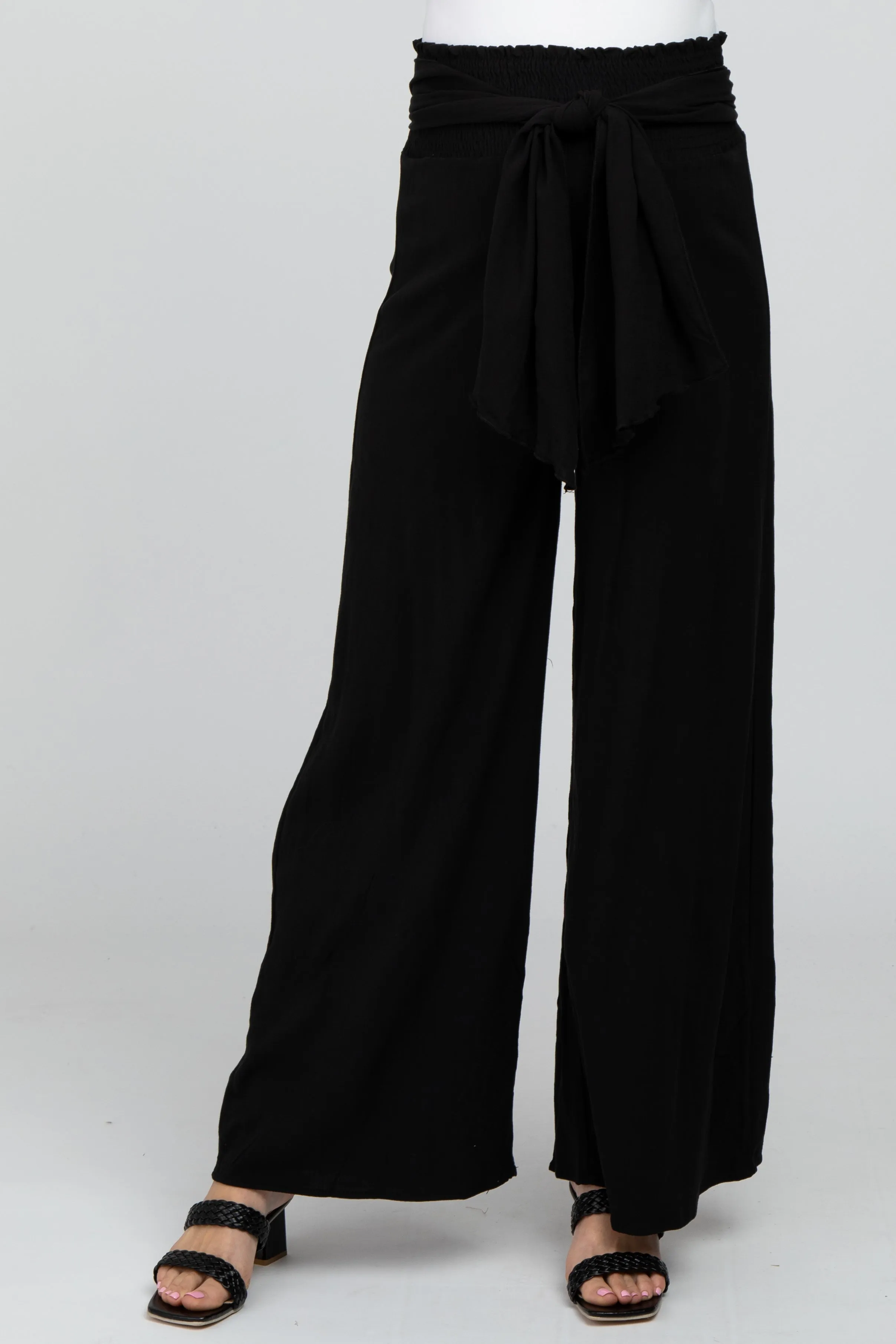 Black High Waist Tie Front Wide Maternity Pants sold by Pinkblush product image thumbnail 2