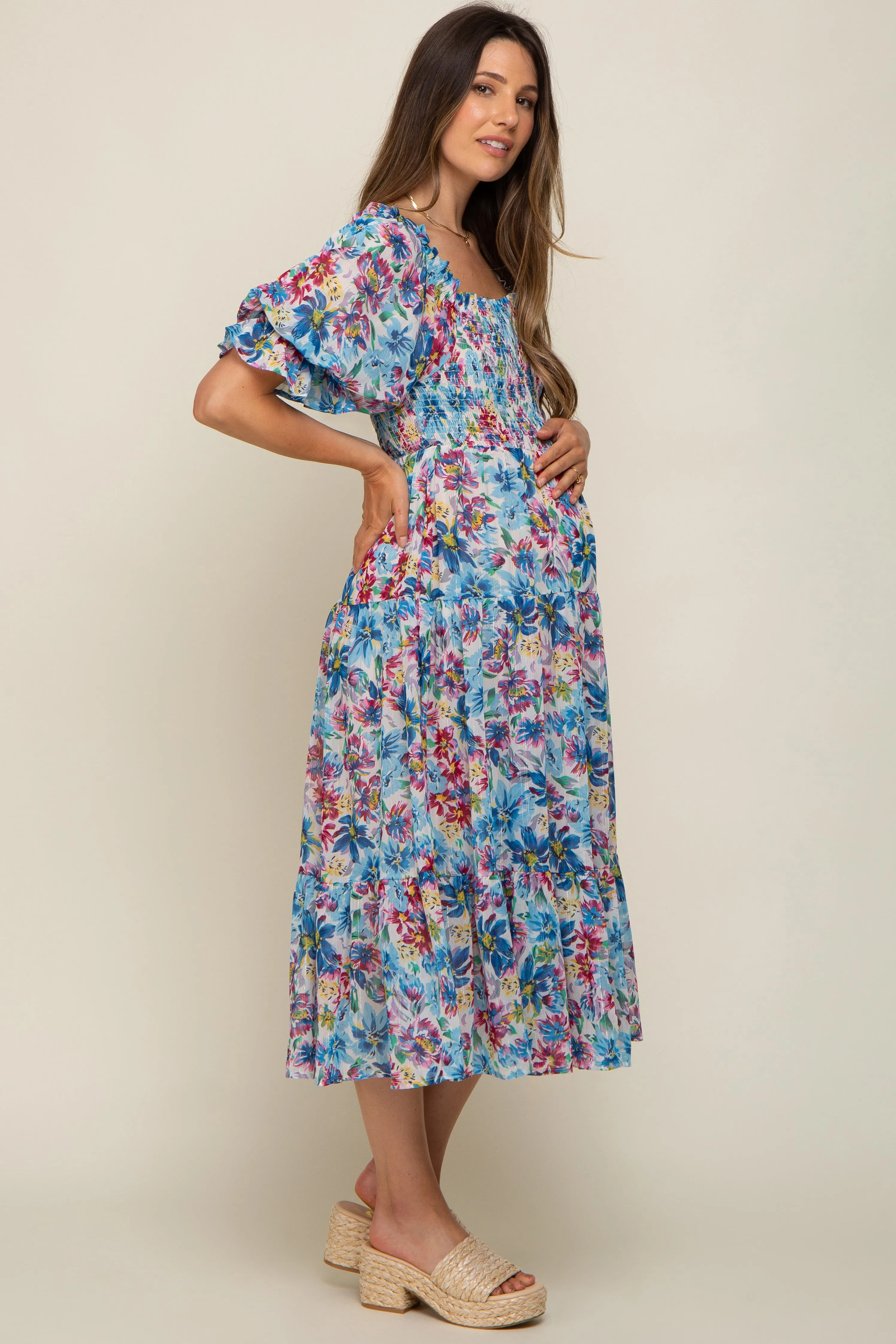 Blue Floral Shimmer Chiffon Ruffle Square Neck Smocked Maternity Midi Dress sold by Pinkblush product image thumbnail 3