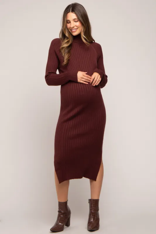 Brown Long Sleeve Turtleneck Maternity Sweater Dress sold by Pinkblush