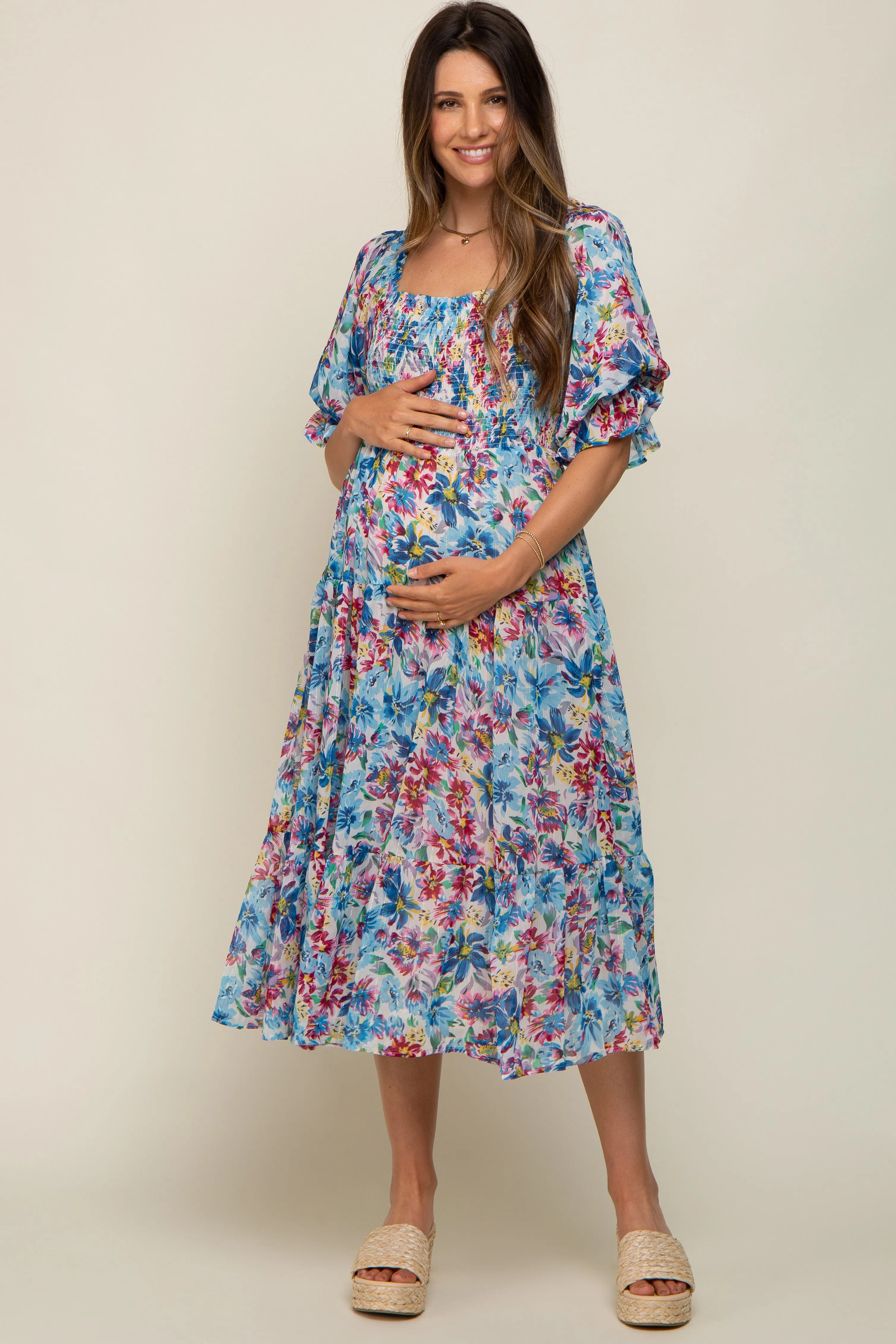 Blue Floral Shimmer Chiffon Ruffle Square Neck Smocked Maternity Midi Dress sold by Pinkblush