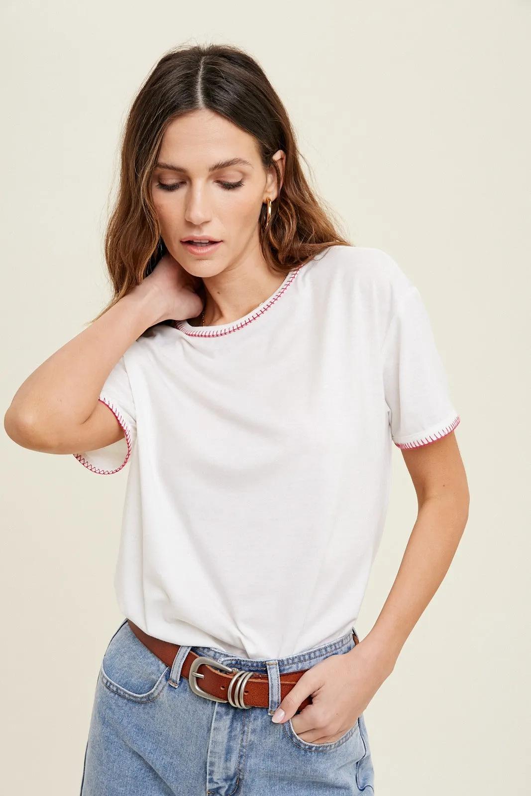 Ivory Embroidered Stitch Short Sleeve Top sold by Pinkblush