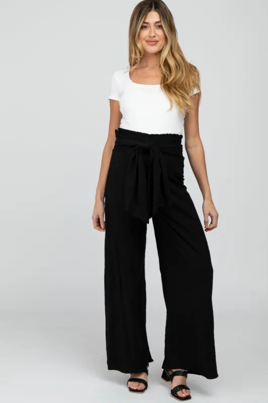 Black High Waist Tie Front Wide Maternity Pants sold by Pinkblush