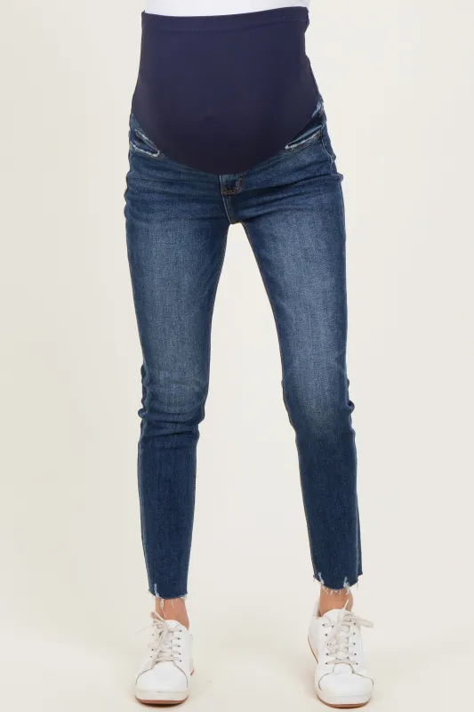 Navy Blue Raw Hem Cropped Skinny Maternity Jeans made by Vervet