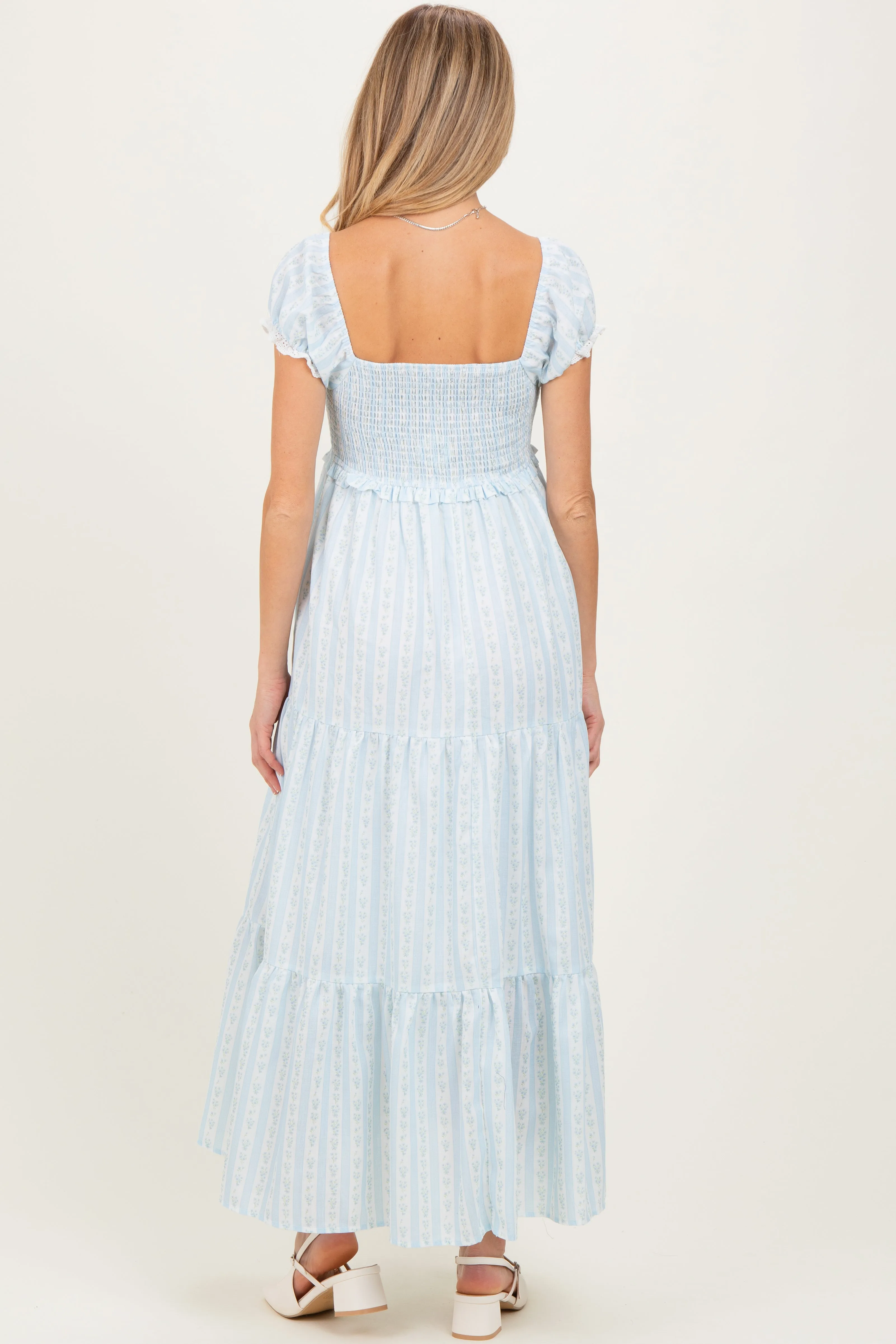Light Blue Floral Lace Trim Tiered Maternity Maxi Dress sold by Pinkblush product image thumbnail 4