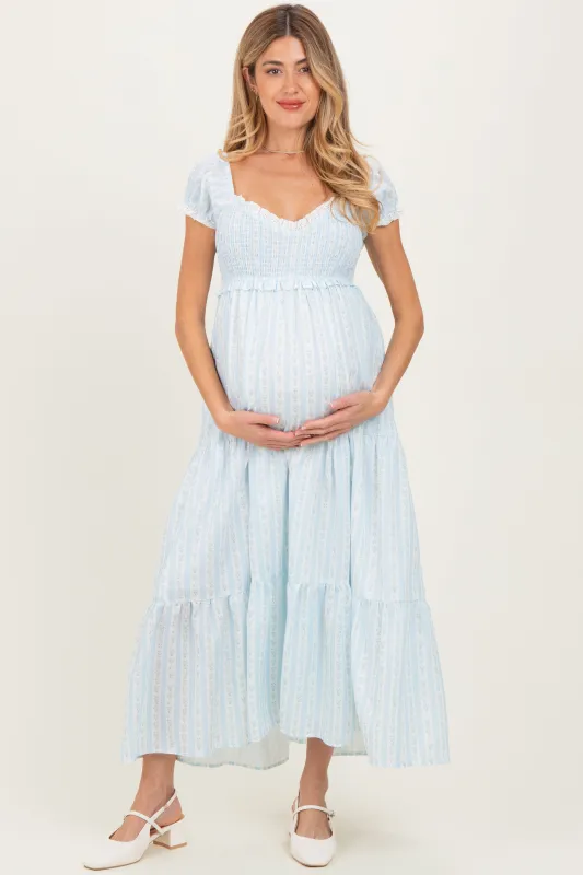 Light Blue Floral Lace Trim Tiered Maternity Maxi Dress sold by Pinkblush