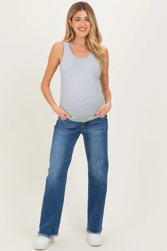 Navy Distressed Fringe Hem Wide Leg Maternity Jeans made by Risen