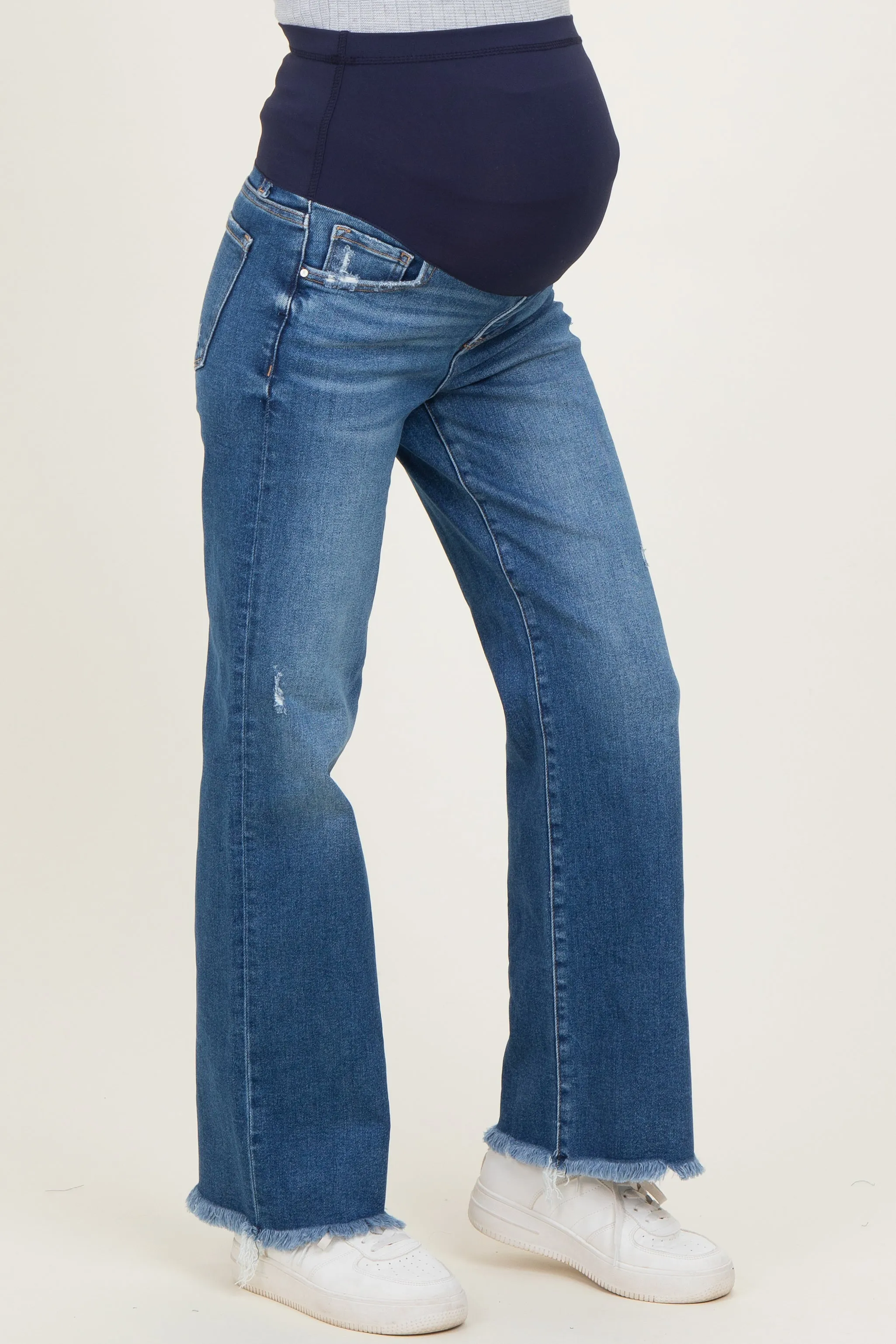 Navy Distressed Fringe Hem Wide Leg Maternity Jeans sold by Pinkblush product image thumbnail 3