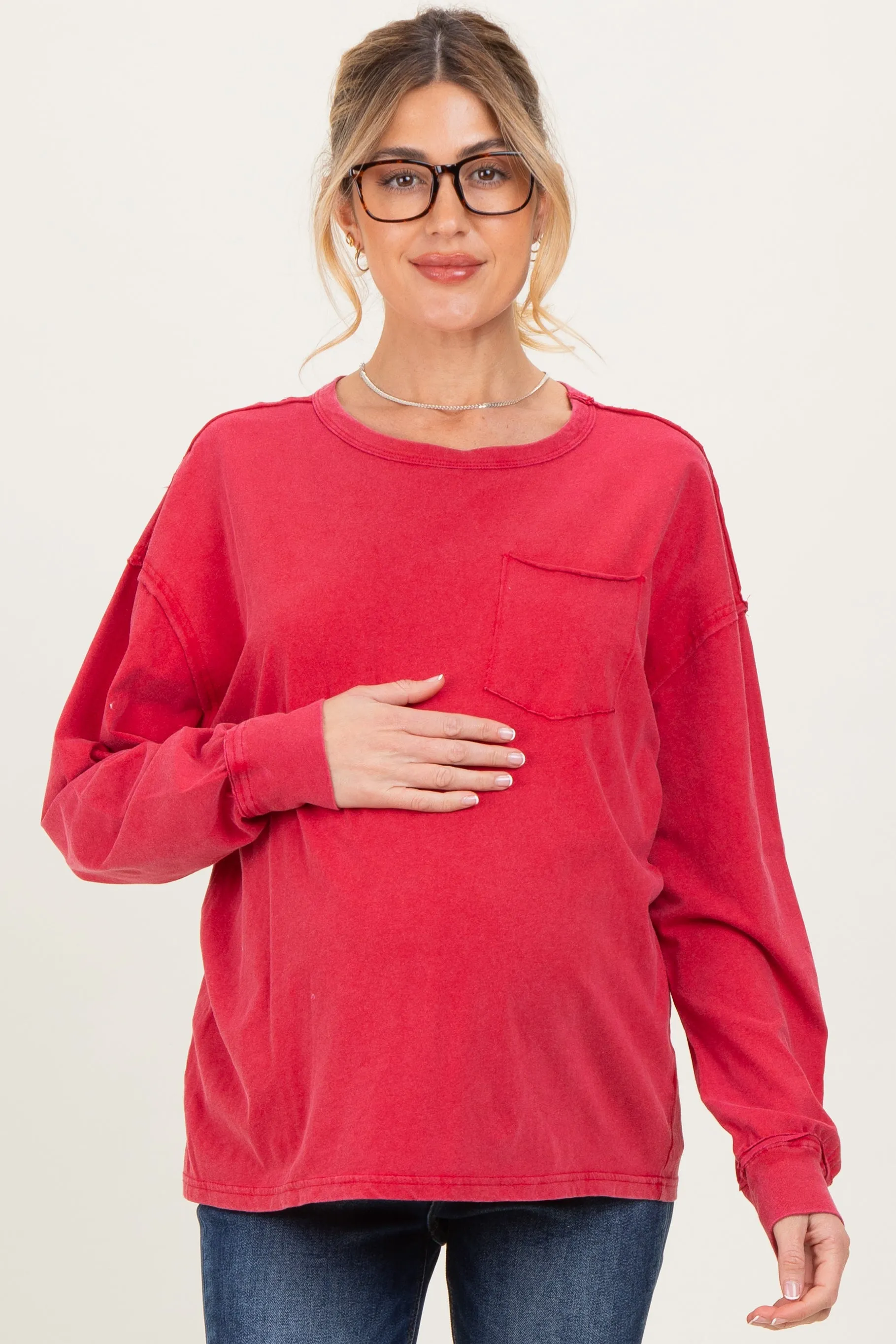 Red Oversized Washed Long Sleeve Pocket Maternity Top sold by Pinkblush