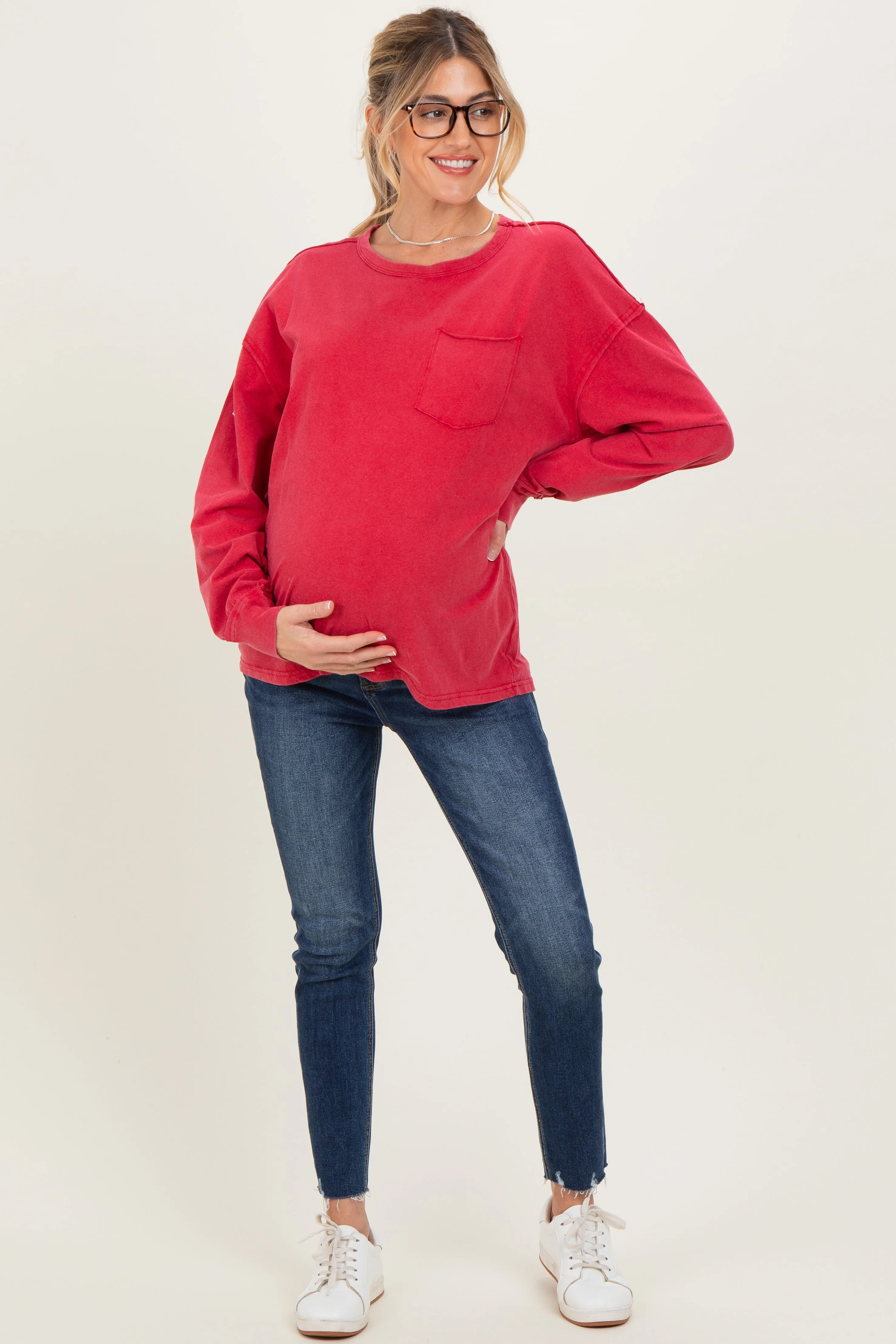 Red Oversized Washed Long Sleeve Pocket Maternity Top sold by Pinkblush product image thumbnail 2