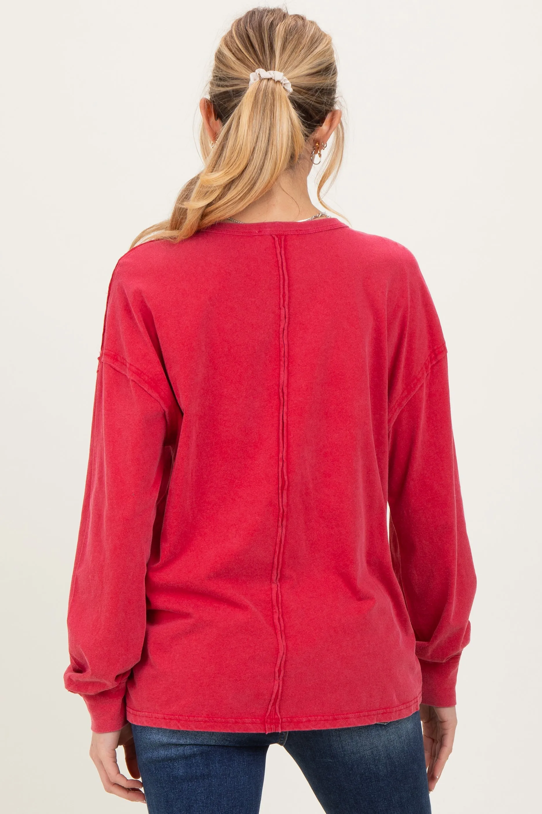 Red Oversized Washed Long Sleeve Pocket Maternity Top sold by Pinkblush product image thumbnail 4