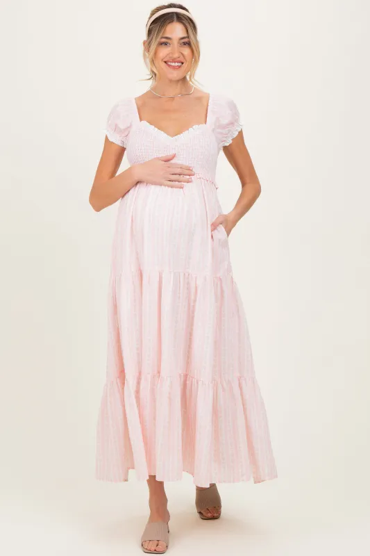 Light Pink Floral Lace Trim Tiered Maternity Maxi Dress sold by Pinkblush