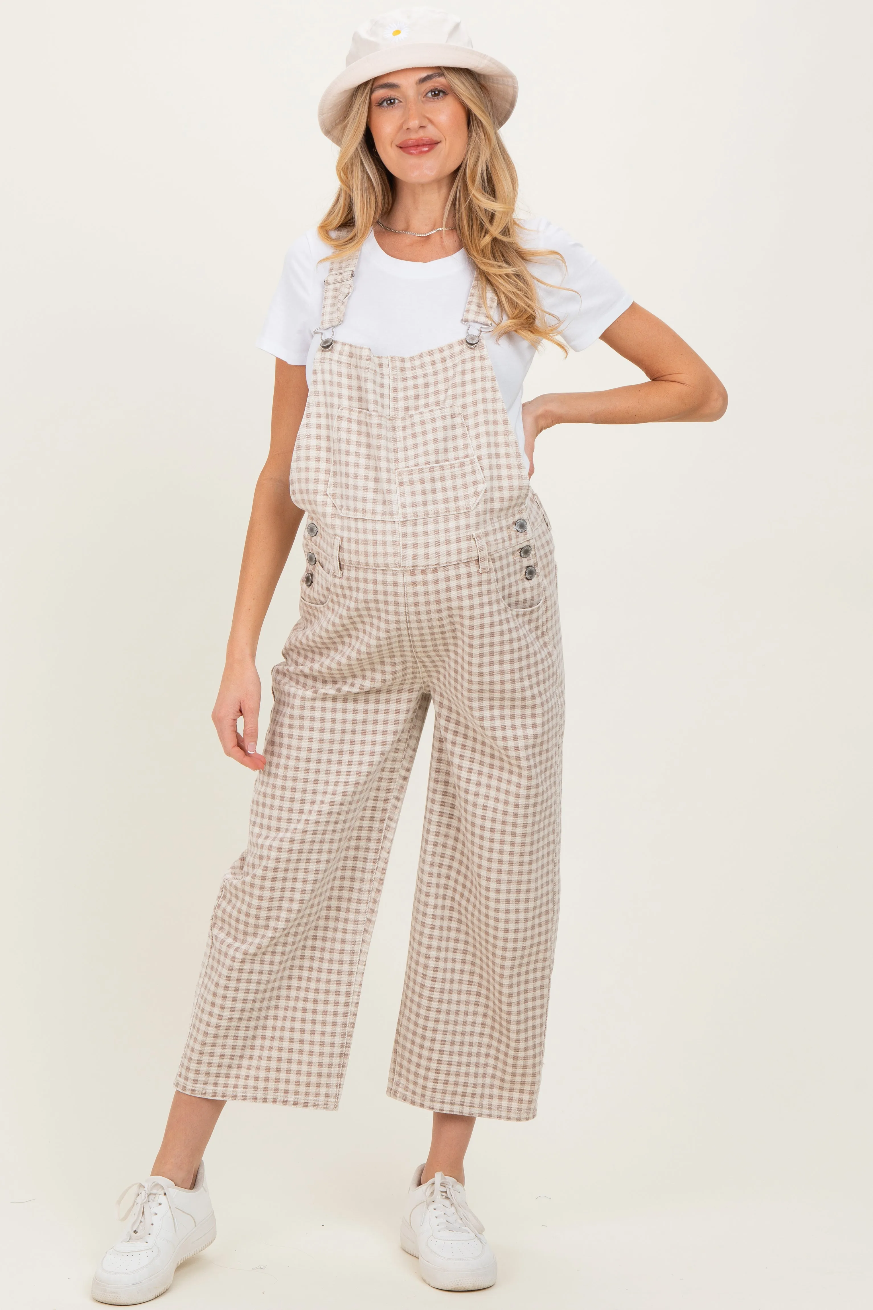 Light Taupe Gingham Maternity Denim Overalls sold by Pinkblush product image thumbnail 2