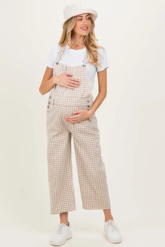 Light Taupe Gingham Maternity Denim Overalls sold by Pinkblush