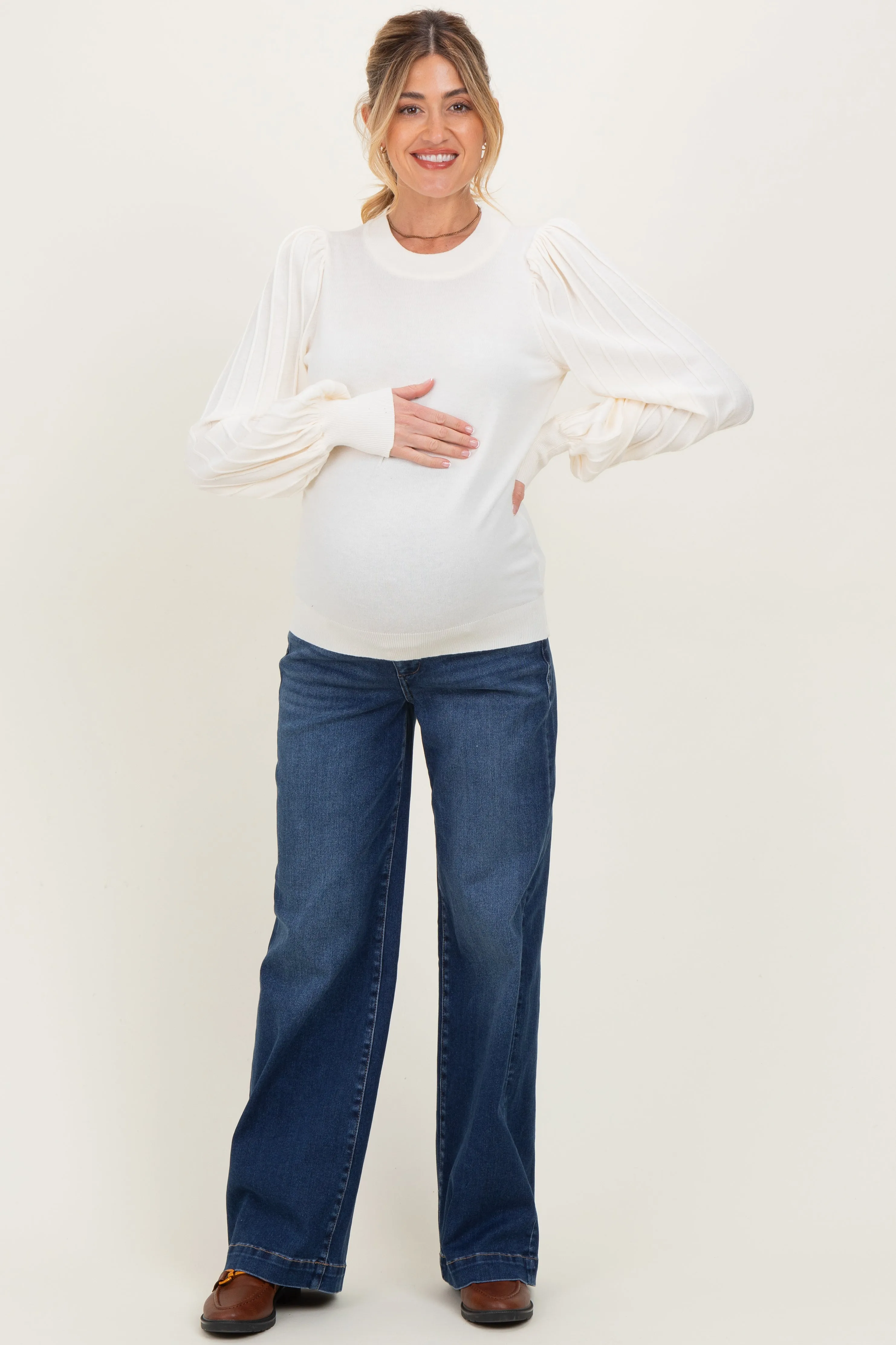 Navy Dark Wash Wide Leg Maternity Jeans sold by Pinkblush product image thumbnail 2
