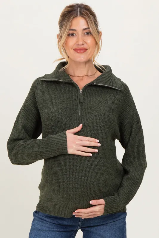 Olive Half Zip Maternity Pullover Sweater sold by Pinkblush