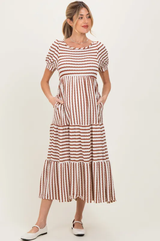 Cream/Camel Striped Short Sleeve Tiered Maternity Maxi Dress sold by Pinkblush