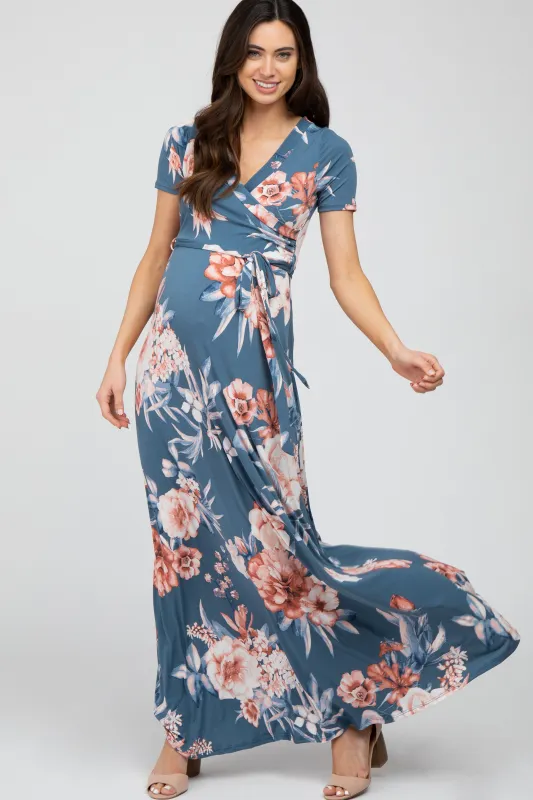 Blue Floral Wrap Maternity/Nursing Maxi Dress sold by Pinkblush