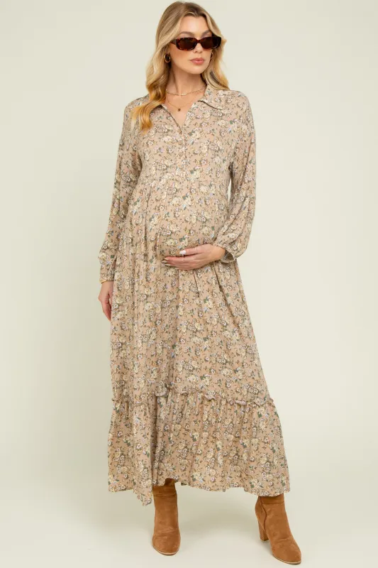 Mustard Floral Long Sleeve Button Down Collared Maternity Maxi Dress sold by Pinkblush