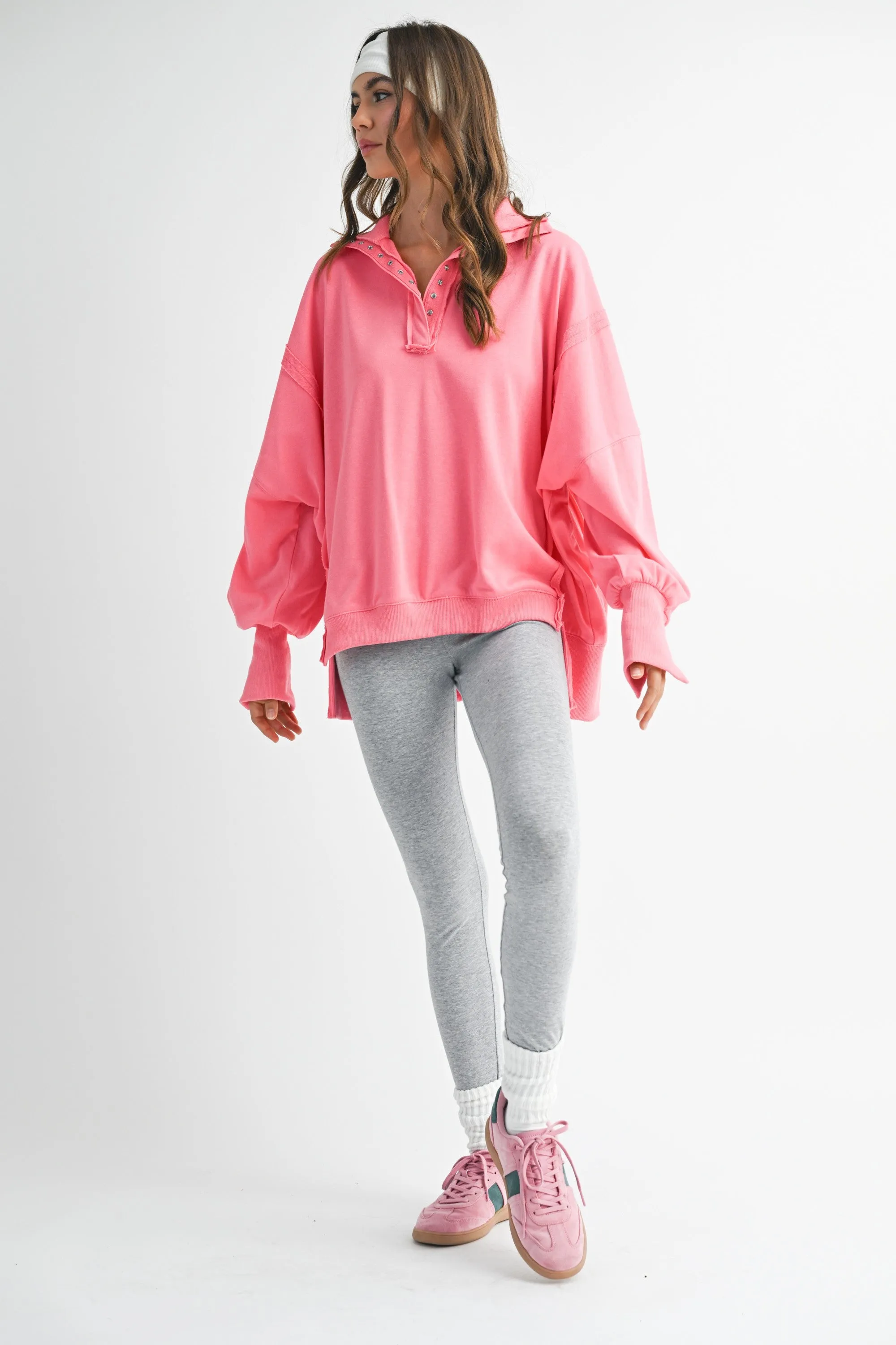 Bright Pink Snap Button Pullover Henley Sweatshirt sold by Pinkblush product image thumbnail 4