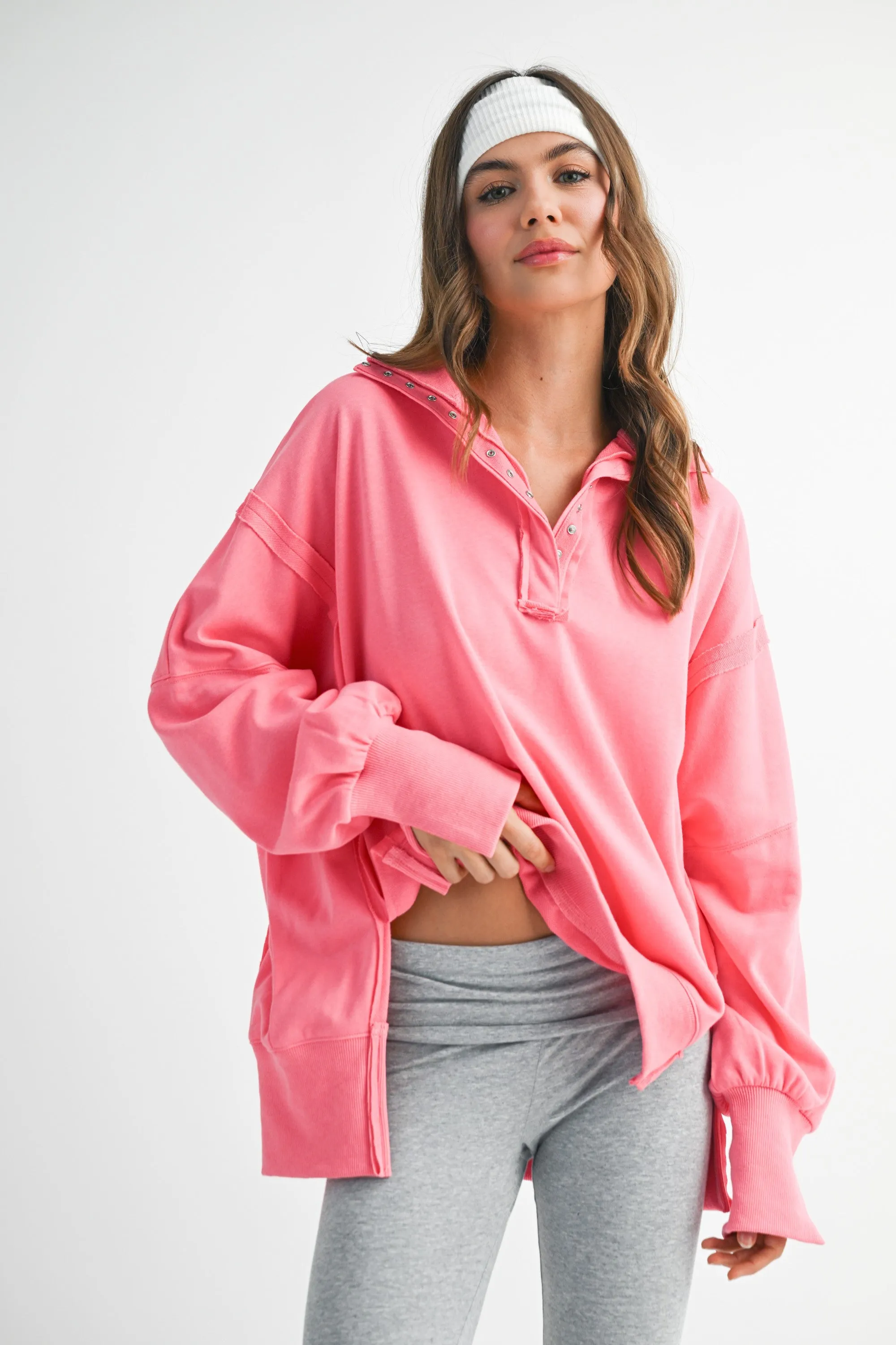 Bright Pink Snap Button Pullover Henley Sweatshirt sold by Pinkblush
