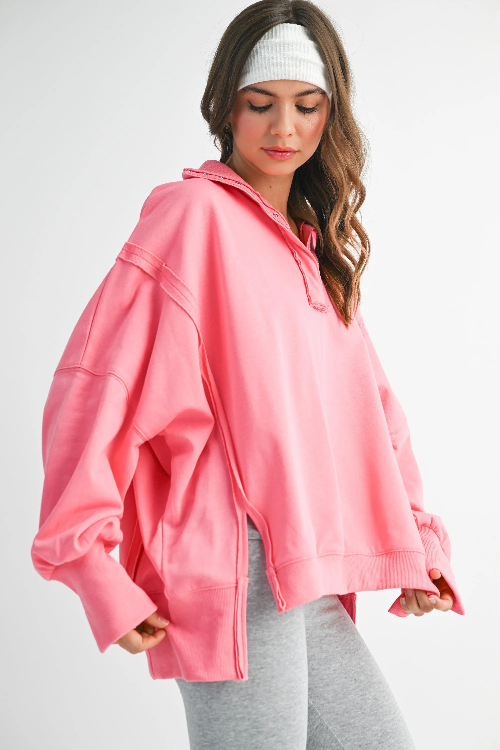 Bright Pink Snap Button Pullover Henley Sweatshirt sold by Pinkblush product image thumbnail 2