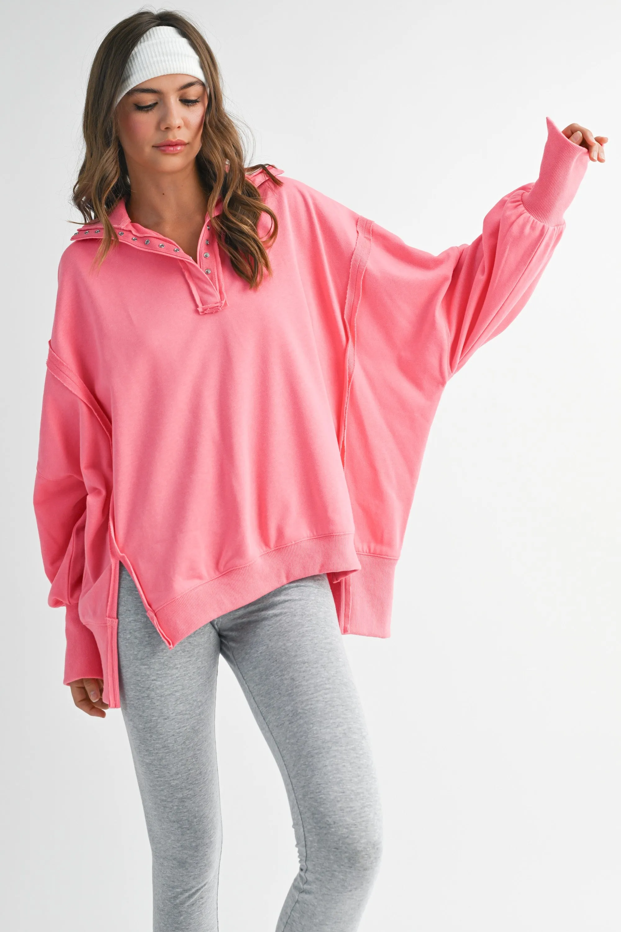 Bright Pink Snap Button Pullover Henley Sweatshirt sold by Pinkblush product image thumbnail 3