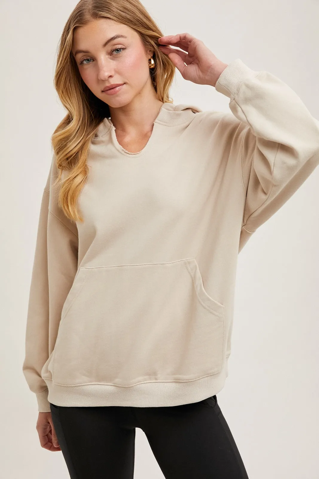 Oatmeal Split Neckline Hoodie sold by Pinkblush