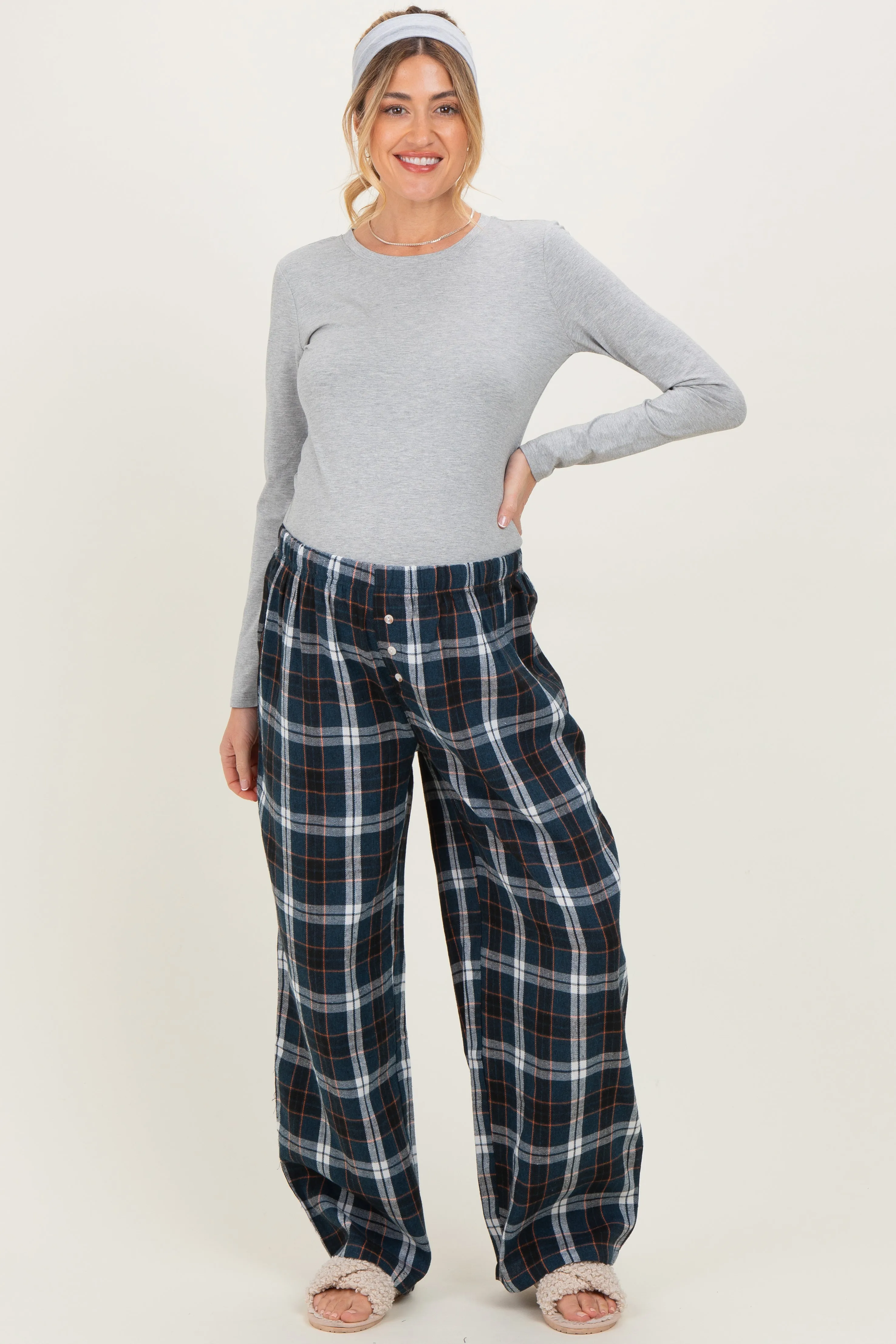 Navy Plaid Wide Leg Maternity Lounge Pants sold by Pinkblush product image thumbnail 2