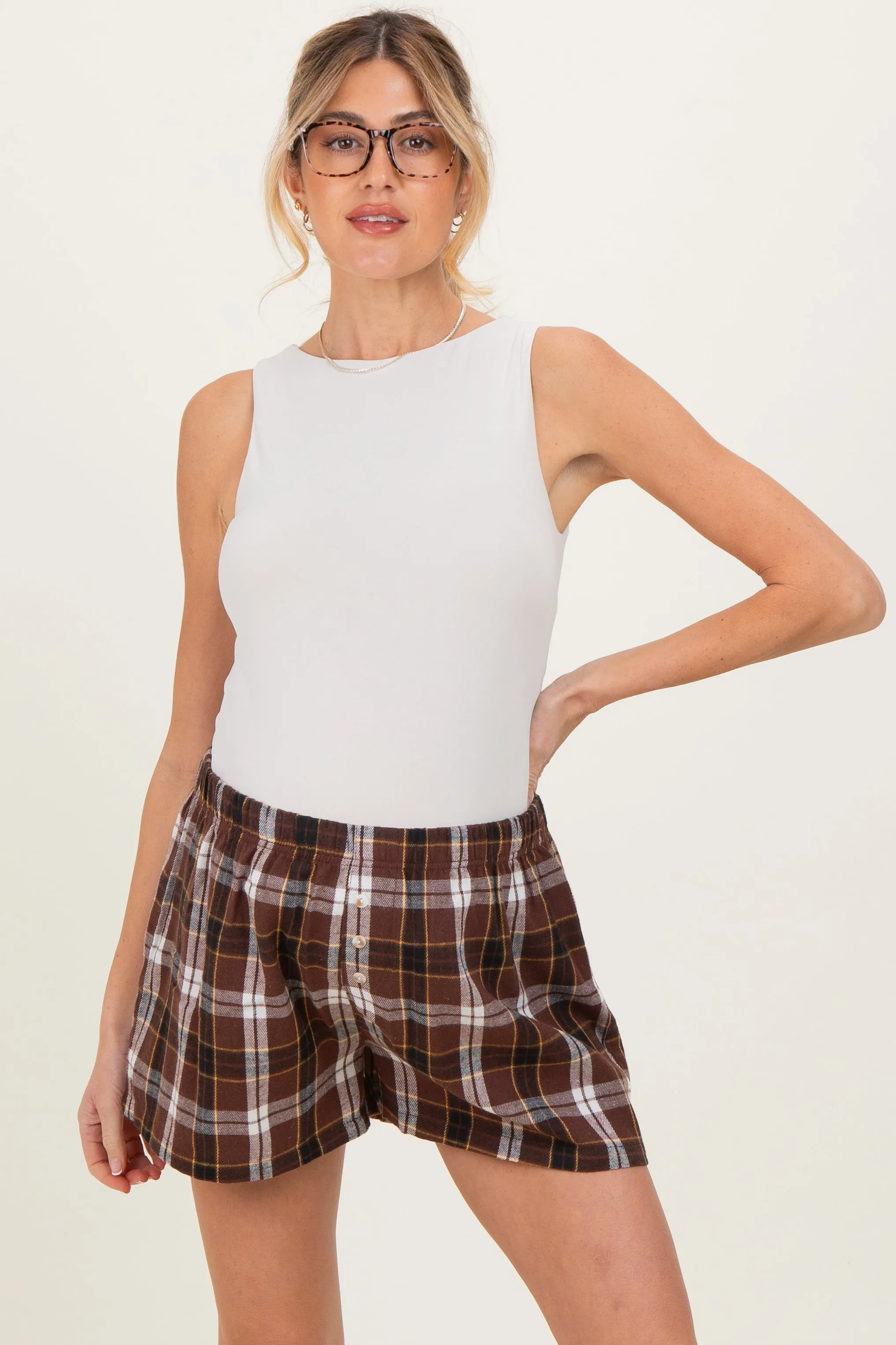 Brown Button-Front Plaid Maternity Boxer Shorts sold by Pinkblush product image thumbnail 2