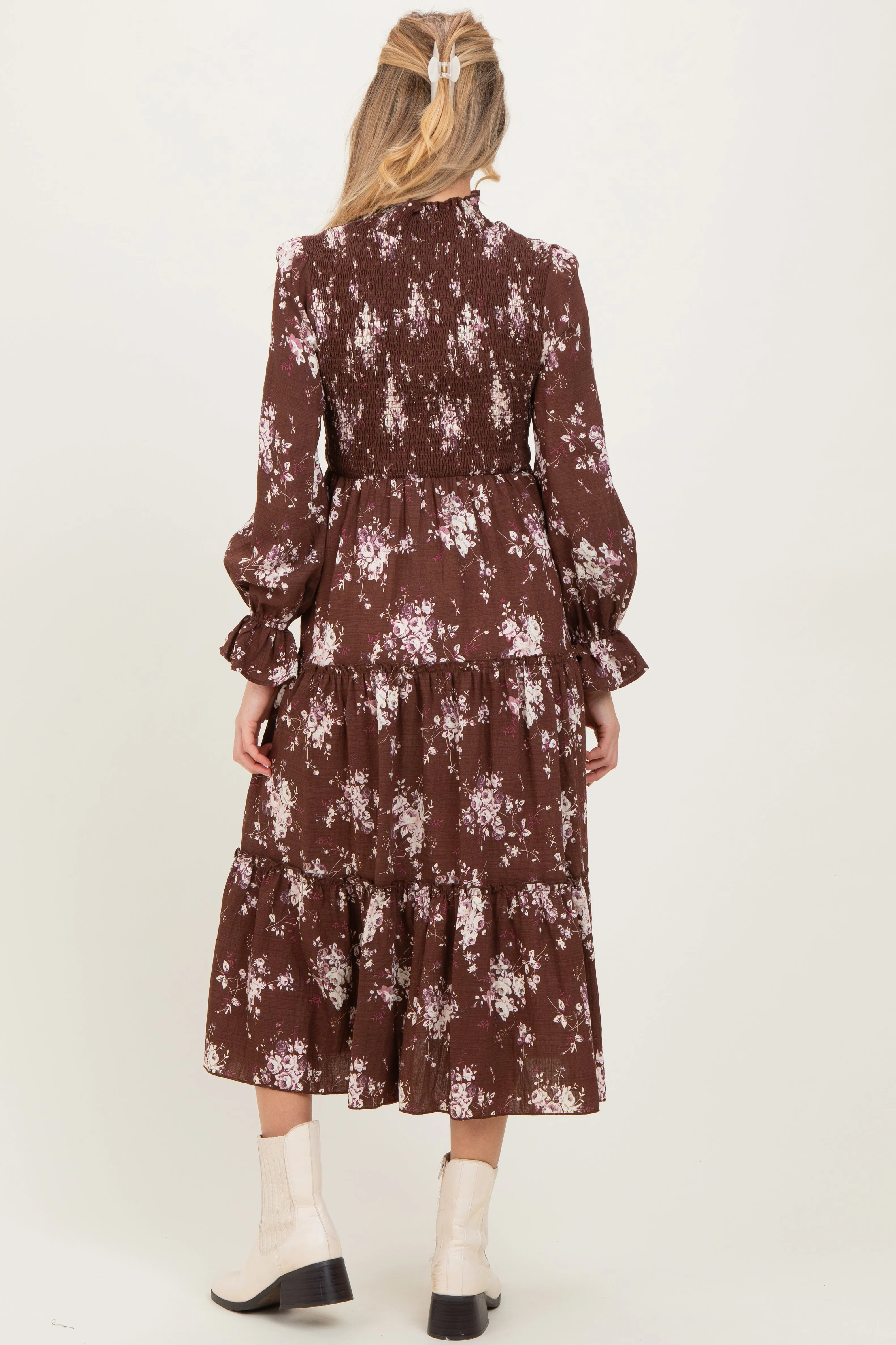 Brown Floral Smocked Ruffle Tier Maternity Midi Dress sold by Pinkblush product image thumbnail 4