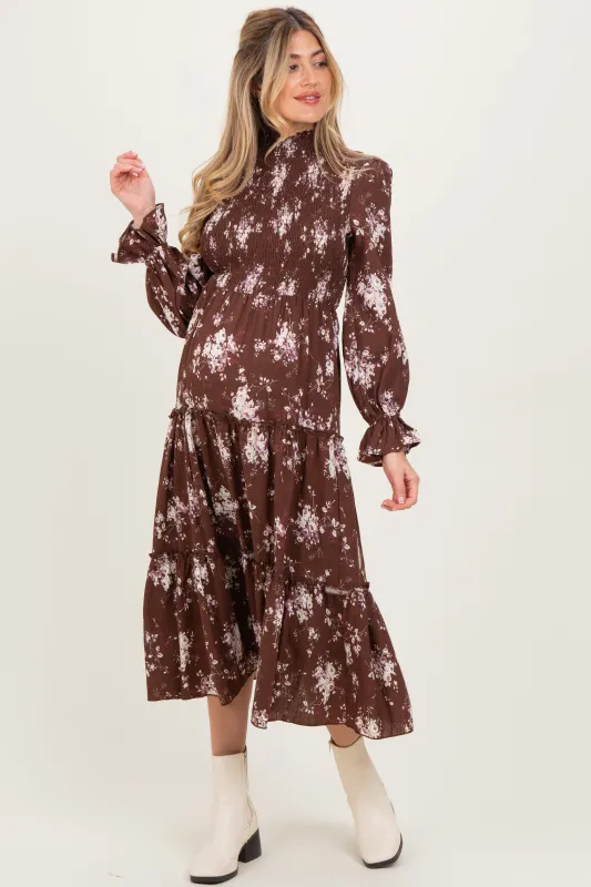 Brown Floral Smocked Ruffle Tier Maternity Midi Dress sold by Pinkblush