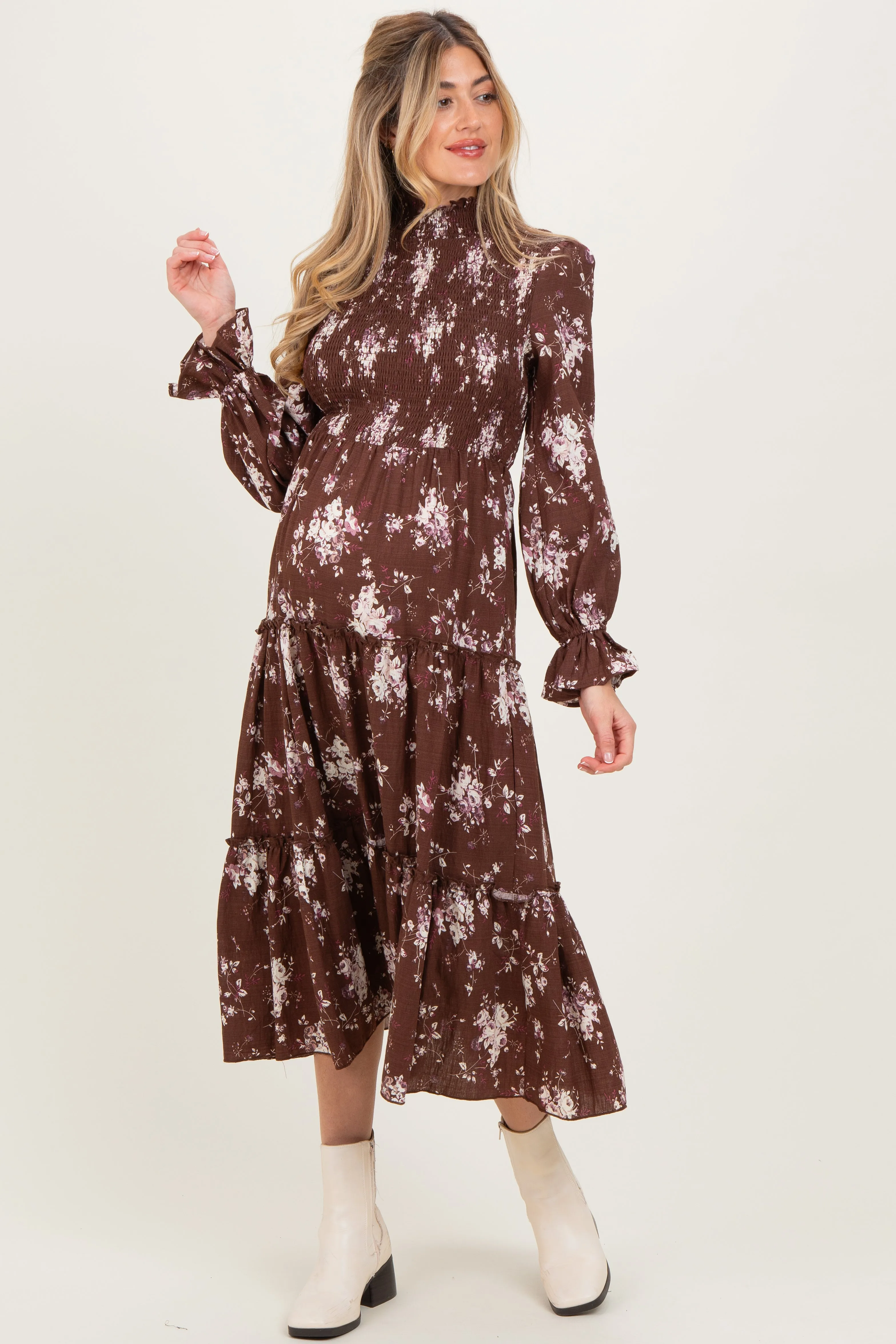 Brown Floral Smocked Ruffle Tier Maternity Midi Dress sold by Pinkblush