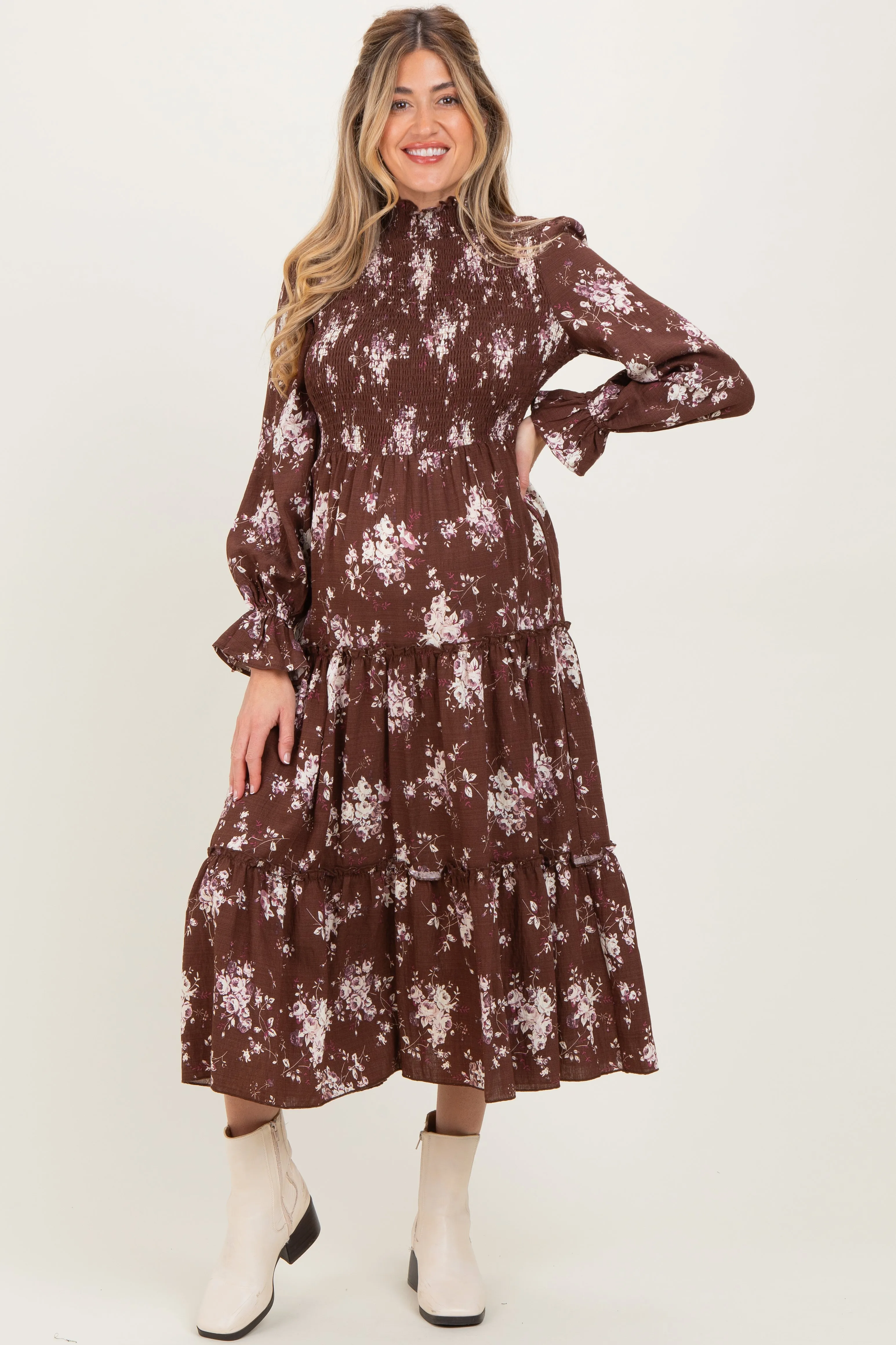 Brown Floral Smocked Ruffle Tier Maternity Midi Dress sold by Pinkblush product image thumbnail 2