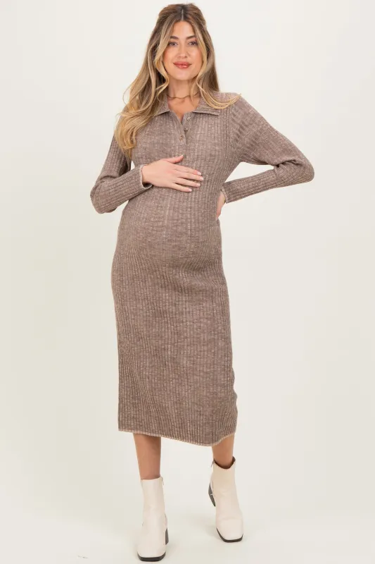 Mocha Striped Rib Knit Maternity Polo Sweater Dress sold by Pinkblush