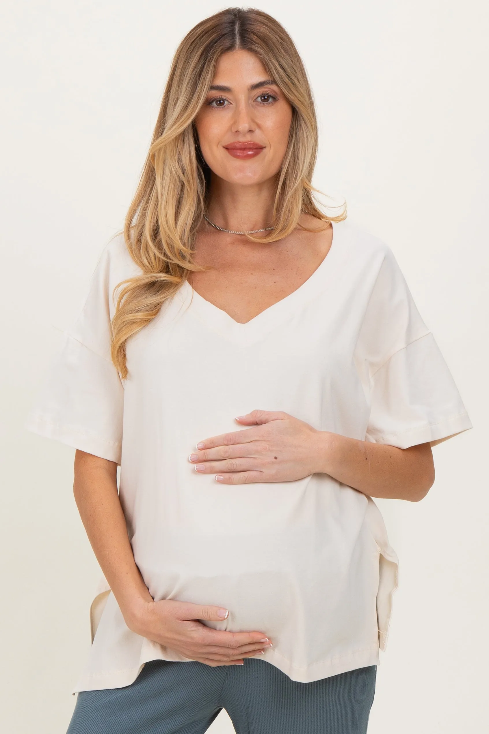 Ivory Oversized Reversible V-Neck Maternity Tee sold by Pinkblush product image thumbnail 2