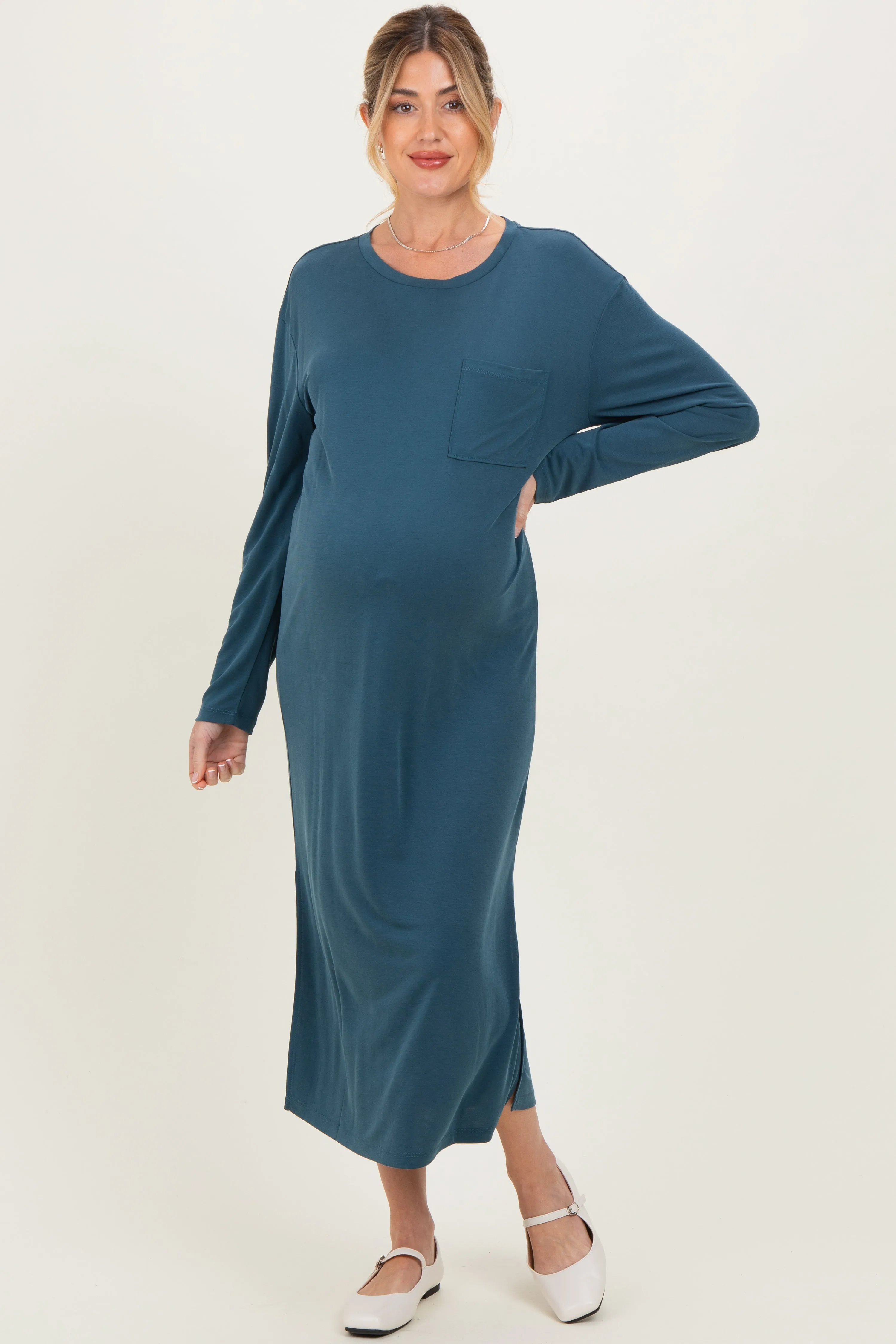Teal Oversized Long Sleeve Maternity Midi Dress sold by Pinkblush product image thumbnail 3
