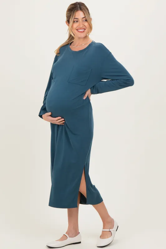Teal Oversized Long Sleeve Maternity Midi Dress sold by Pinkblush