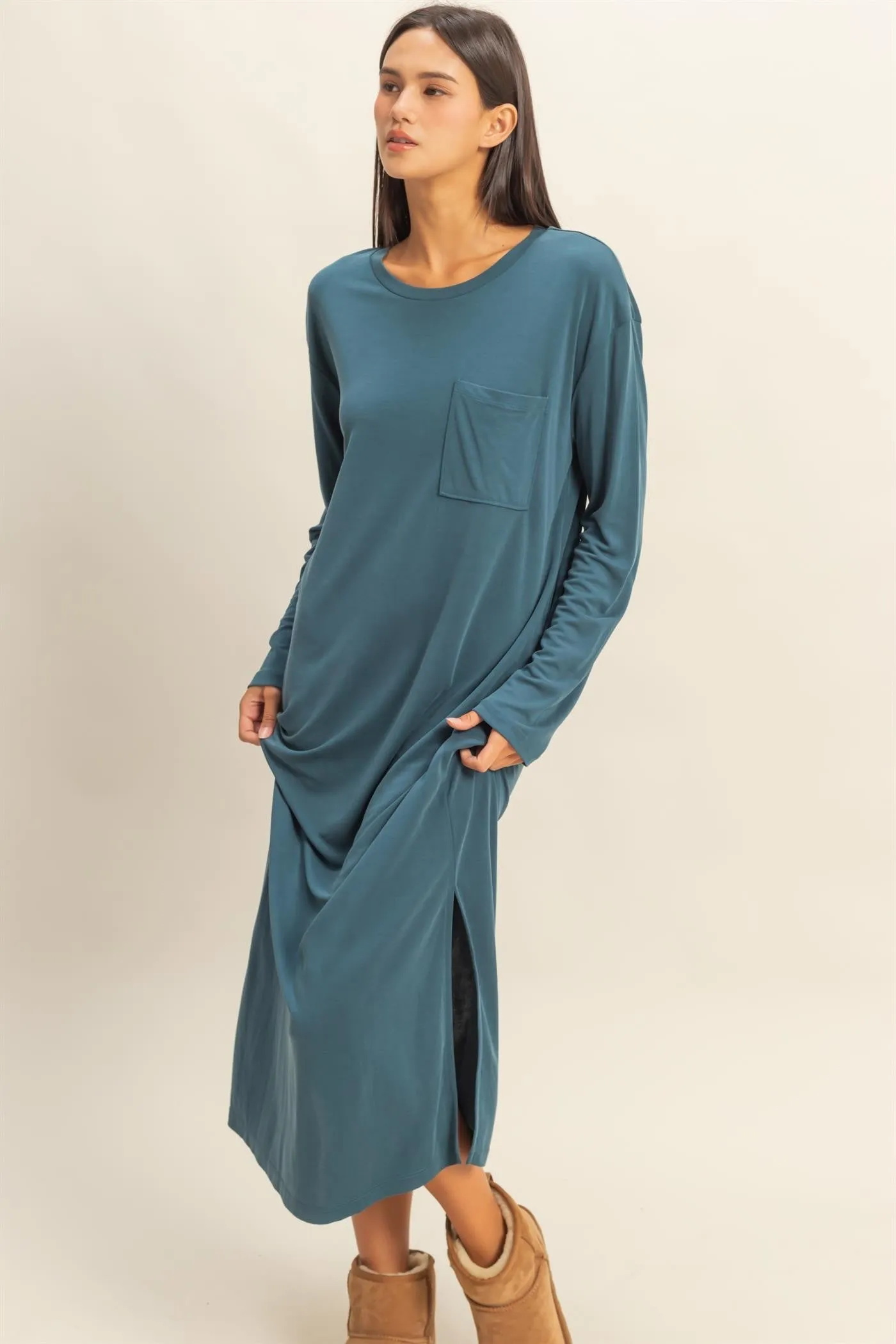 Teal Oversized Long Sleeve Maternity Midi Dress sold by Pinkblush product image thumbnail 5