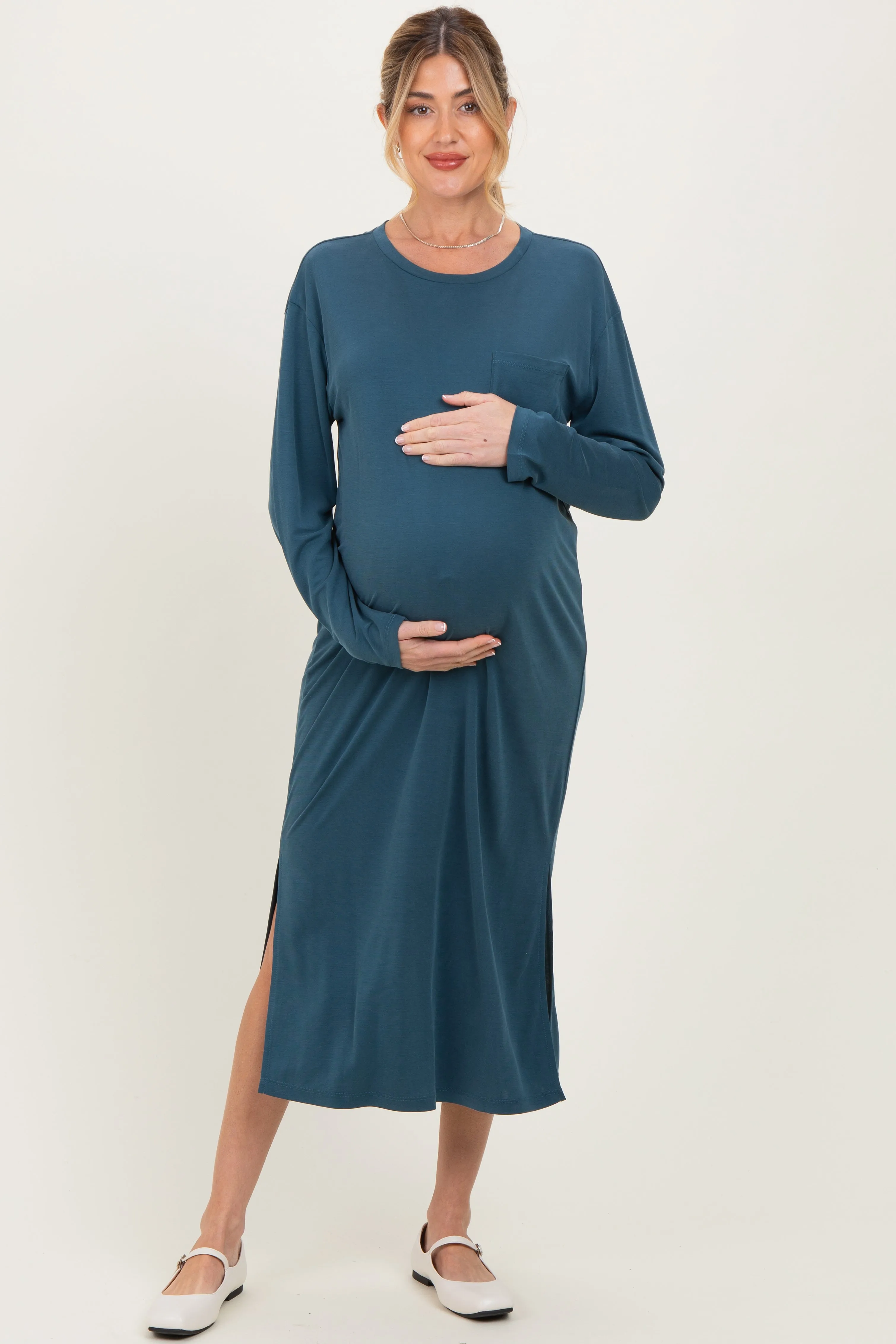 Teal Oversized Long Sleeve Maternity Midi Dress sold by Pinkblush product image thumbnail 2