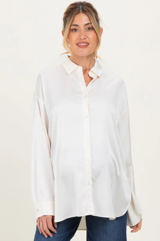 Cream Long Sleeve Oversized Satin Maternity Shirt sold by Pinkblush