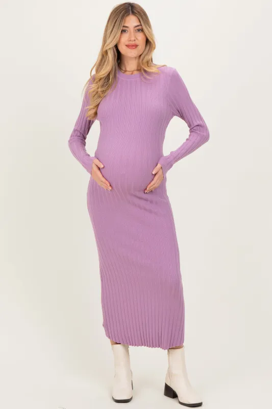Purple Ribbed Knit Fitted Maternity Midi Sweater Dress sold by Pinkblush