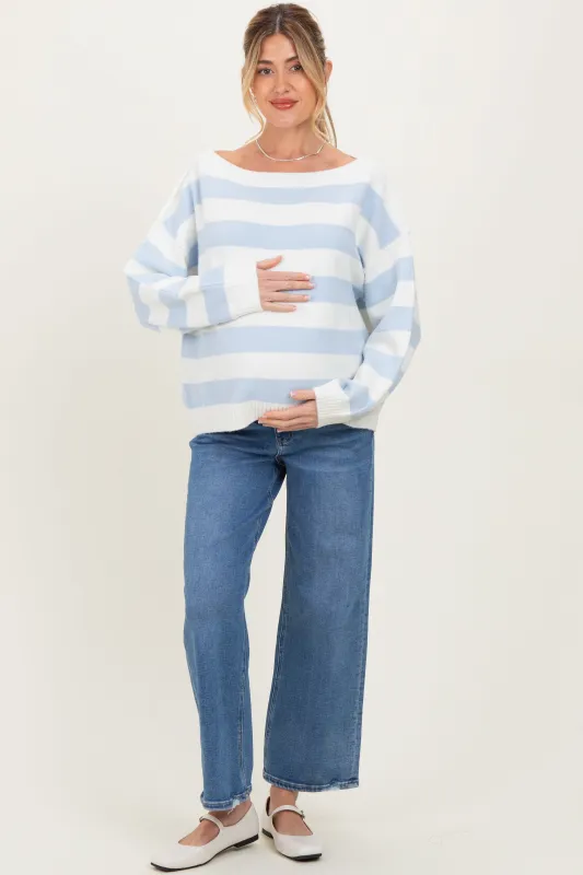 Light Blue Wide Stripe Boat Neck Maternity Sweater sold by Pinkblush