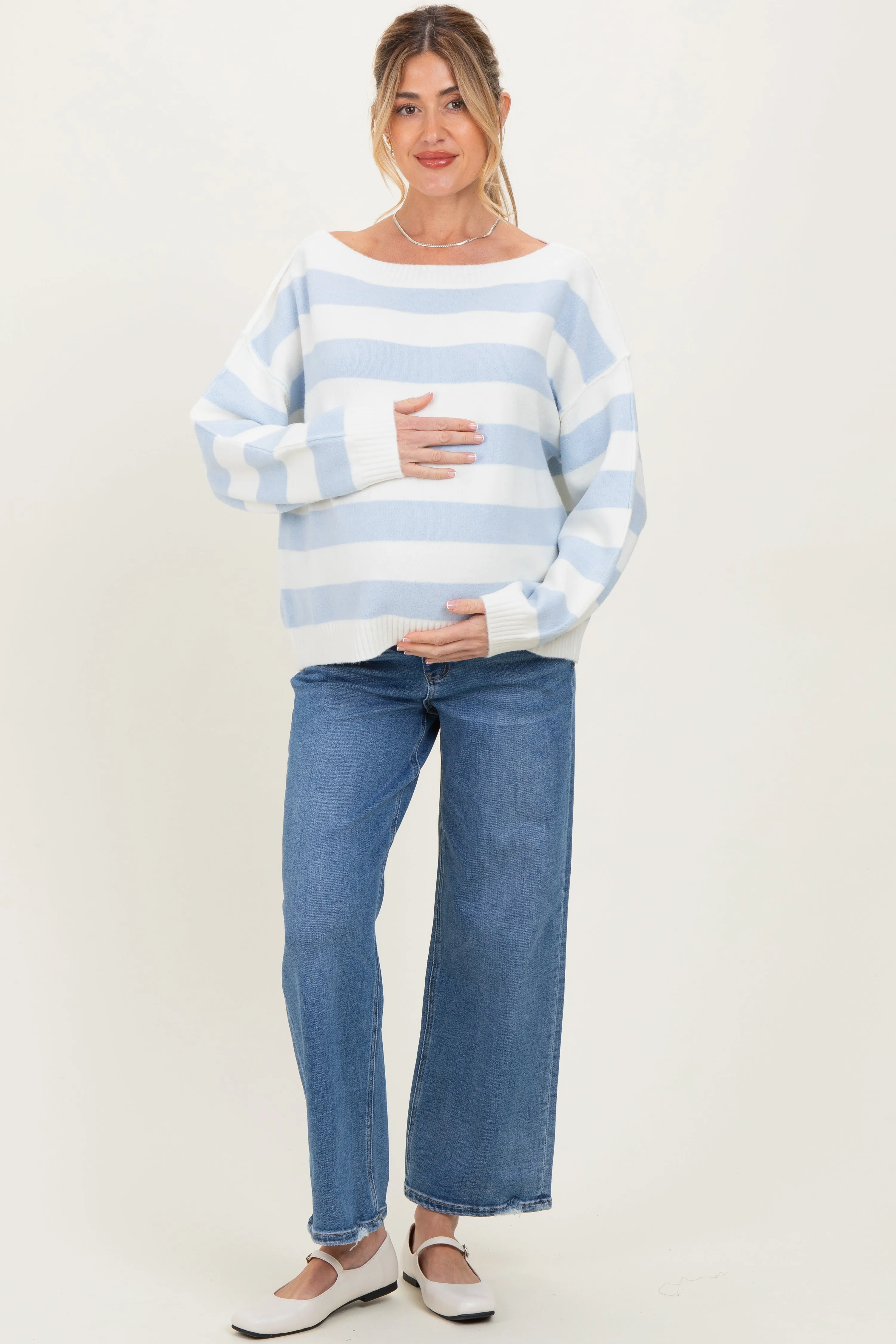 Light Blue Wide Stripe Boat Neck Maternity Sweater sold by Pinkblush