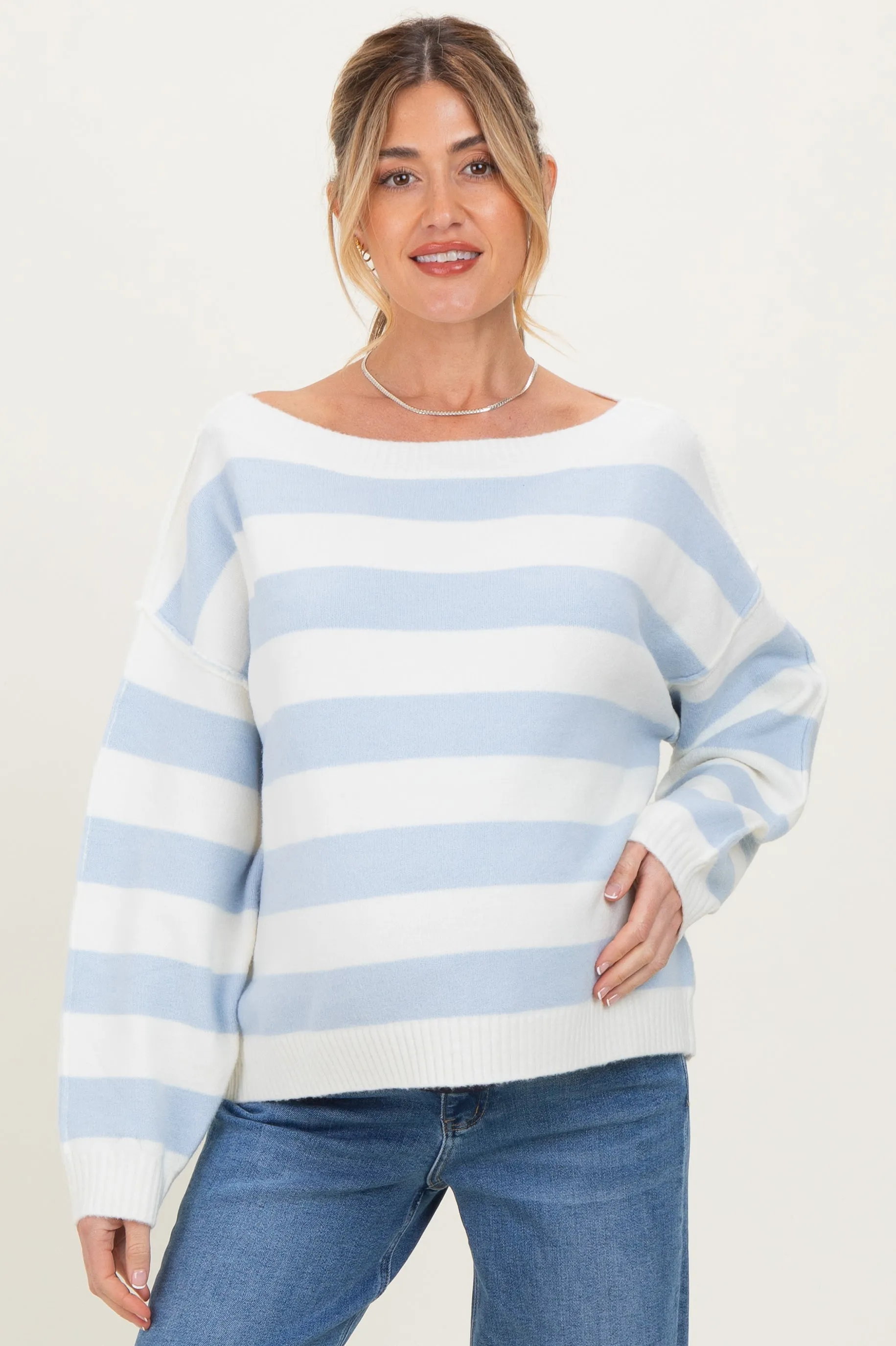 Light Blue Wide Stripe Boat Neck Maternity Sweater sold by Pinkblush product image thumbnail 3