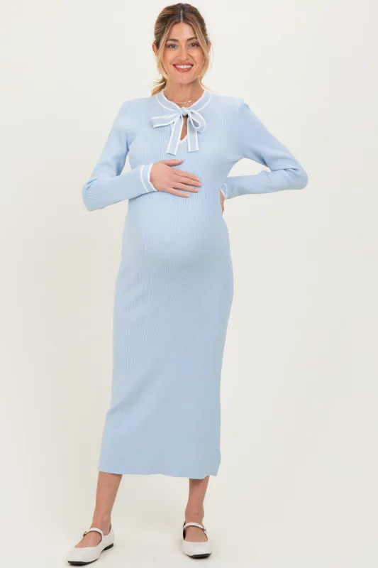 Light Blue Ribbed Knit Tie Neck Maternity Sweater Dress sold by Pinkblush