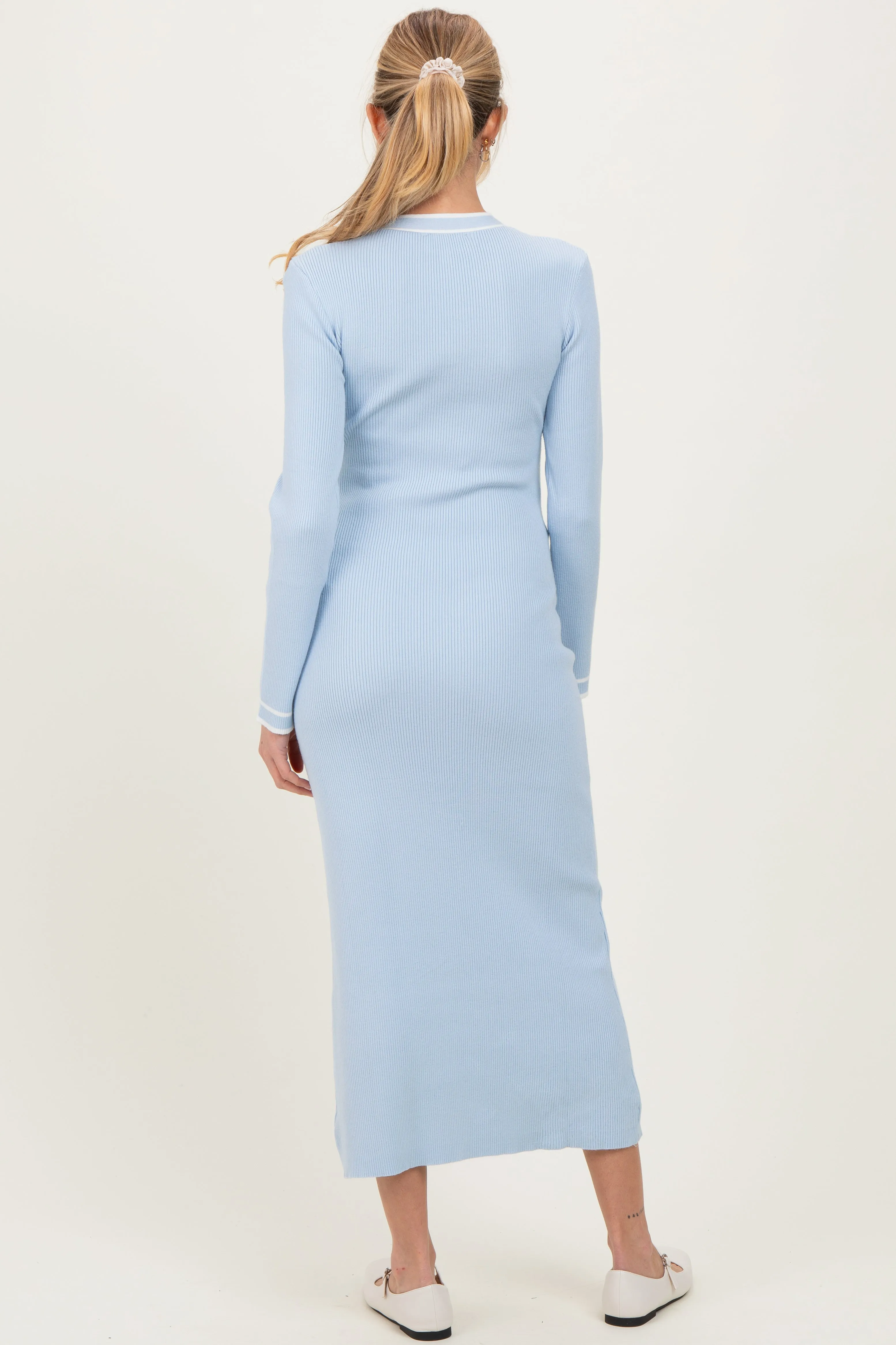 Light Blue Ribbed Knit Tie Neck Maternity Sweater Dress sold by Pinkblush product image thumbnail 3