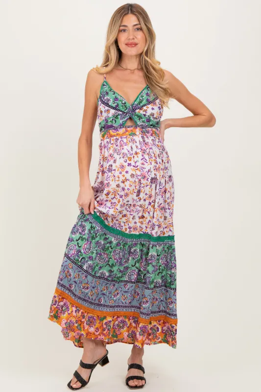 Multicolor Colorblock Floral Twist Front Cutout Maternity Maxi Dress sold by Pinkblush