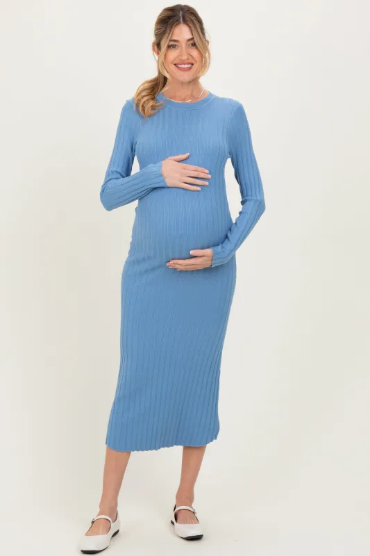 Blue Ribbed Knit Fitted Maternity Midi Sweater Dress sold by Pinkblush